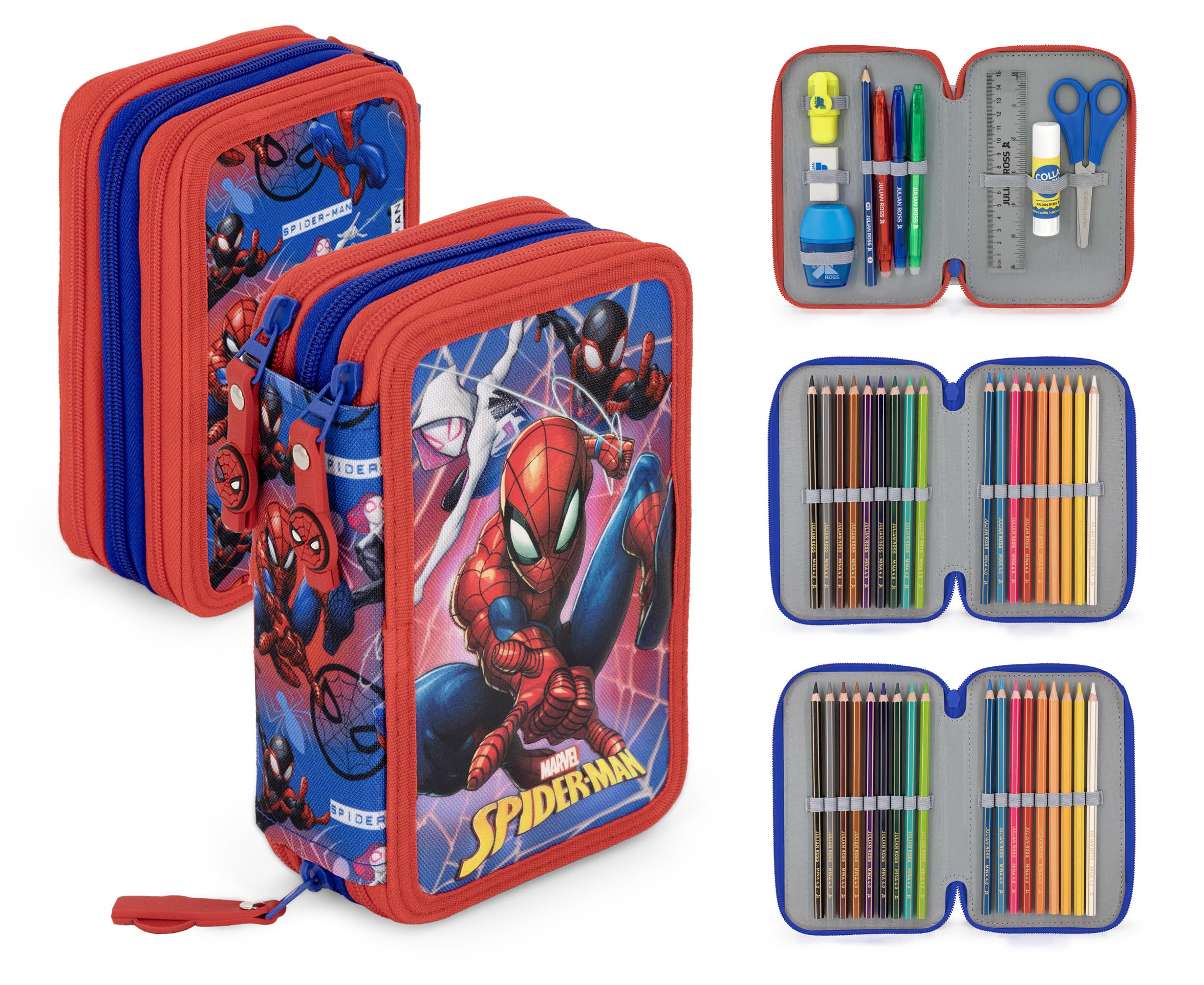 Clondo Pacchetto Scuola 3pz Per Spiderman Fan | Zaino Ergnomico Grande, Astuccio 3 Scomparti riempito 46pz, Tombolino