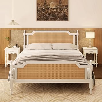 Merax Mid Century Modern Bed Frame King Size with Rattan Headboard and Footboard, Wood King Size Platform Bed with Four Poster, No Box Spring Needed, Antique White