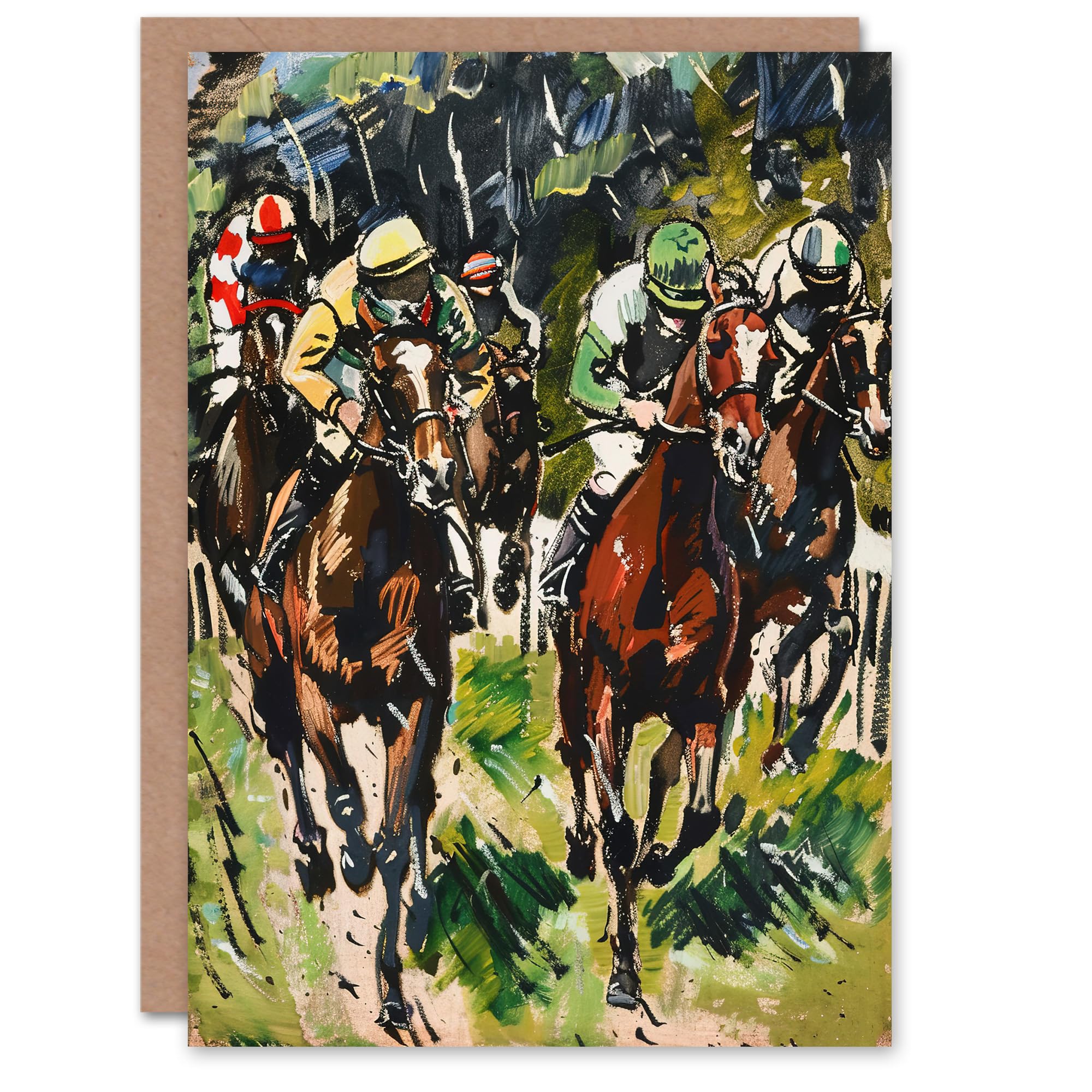 Artery8 Jockeys in Horse Racing Scene Modernist Painting Greeting Birthday Card Him Her All Blank