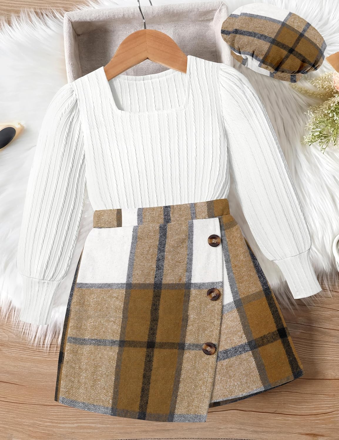 AGAPENG Girl Skirt Sets 3 Piece Outfits Square Neck Jacquard Puff Sleeve Tops Plaid Mini Skirt Shorts Fall Winter Clothes