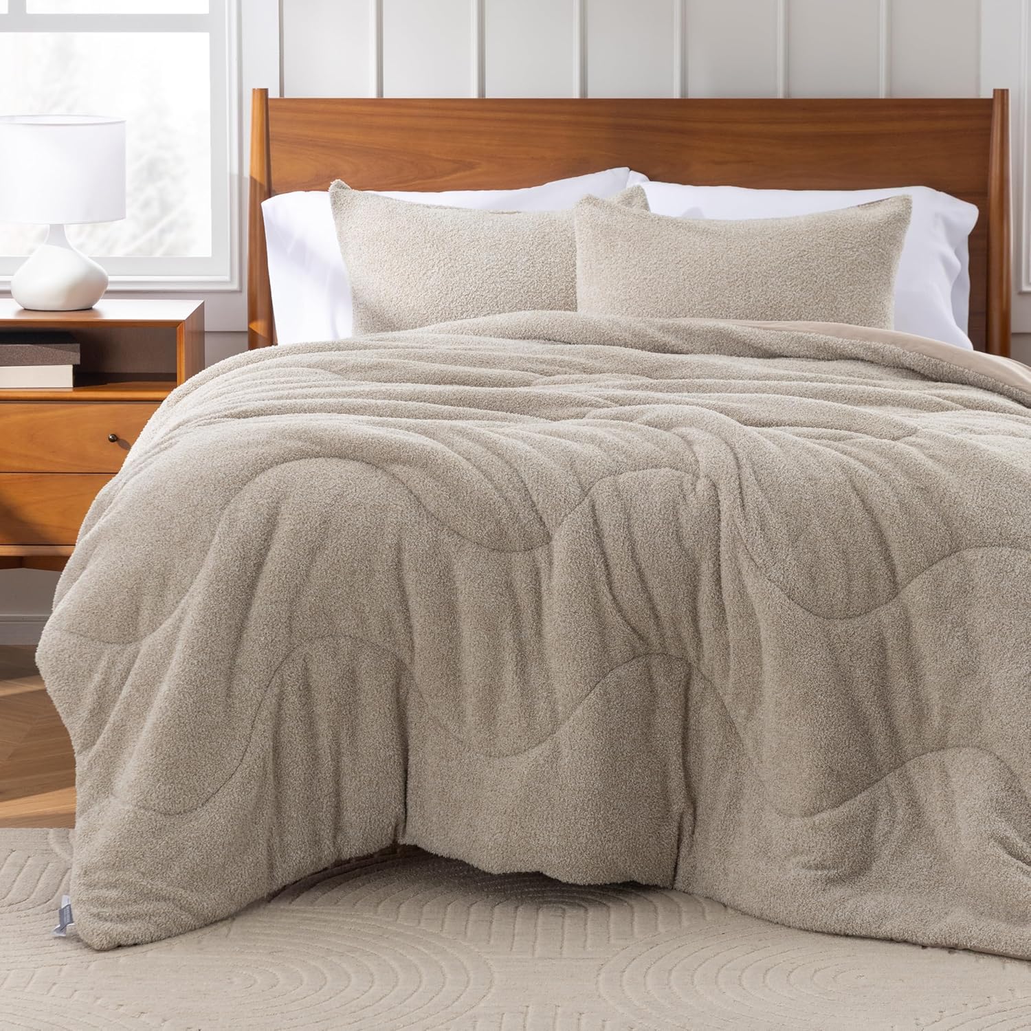 Berkshire Heathered Retro Comfort Plush rev Microfiber Comforter Set - Ultra-Soft & Breathable All-Season Bedding - 3-Piece Includes 1 Comforter (90’’×90’’) and 2 Pillow Shams(Queen, Humus)