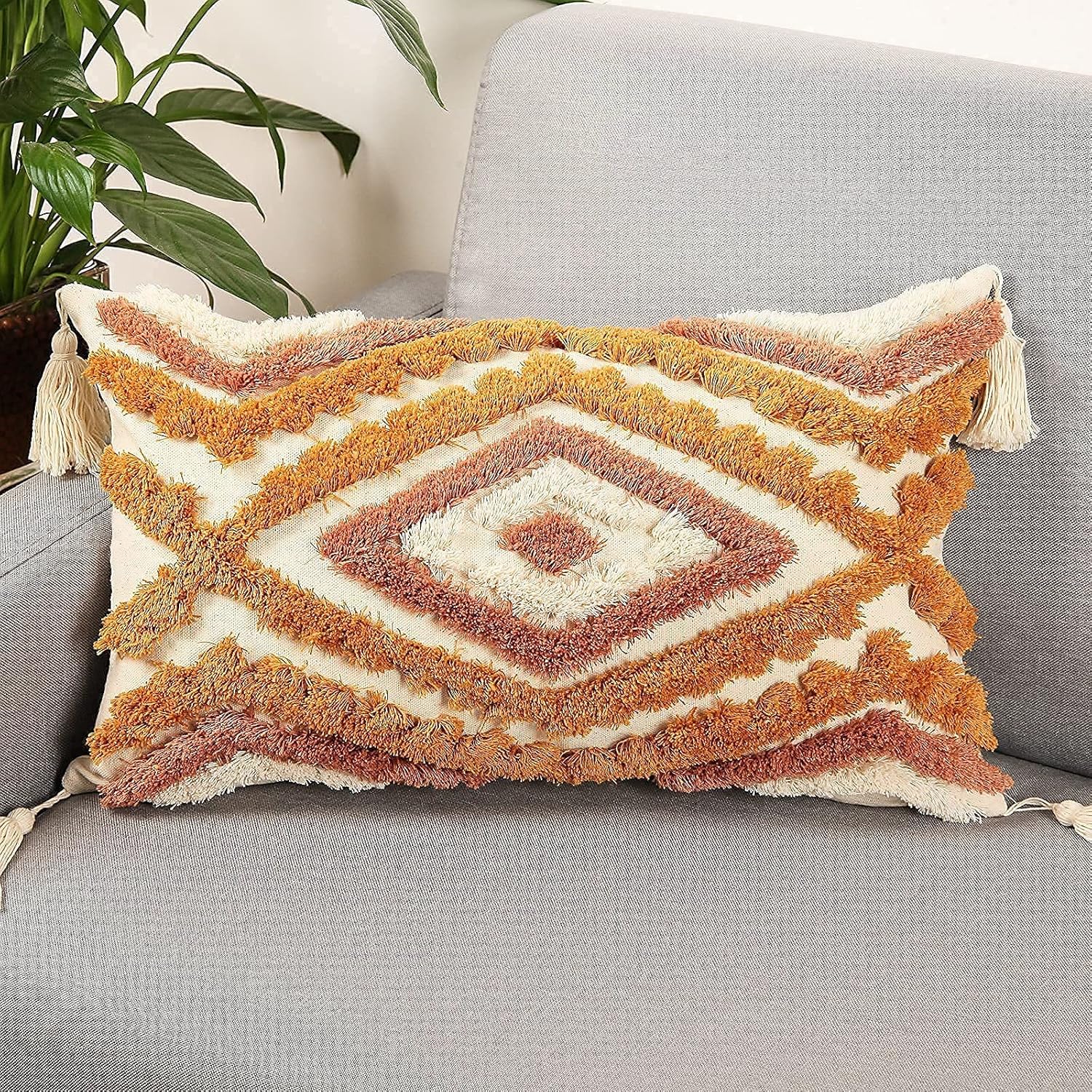 Merrycolor Set of 2 Boho Square and Lumbar Throw Pillow Cover,Bohemian Tufted Decorative Pillow Covers with Tassels for Couch Sofa Bedroom Living Room
