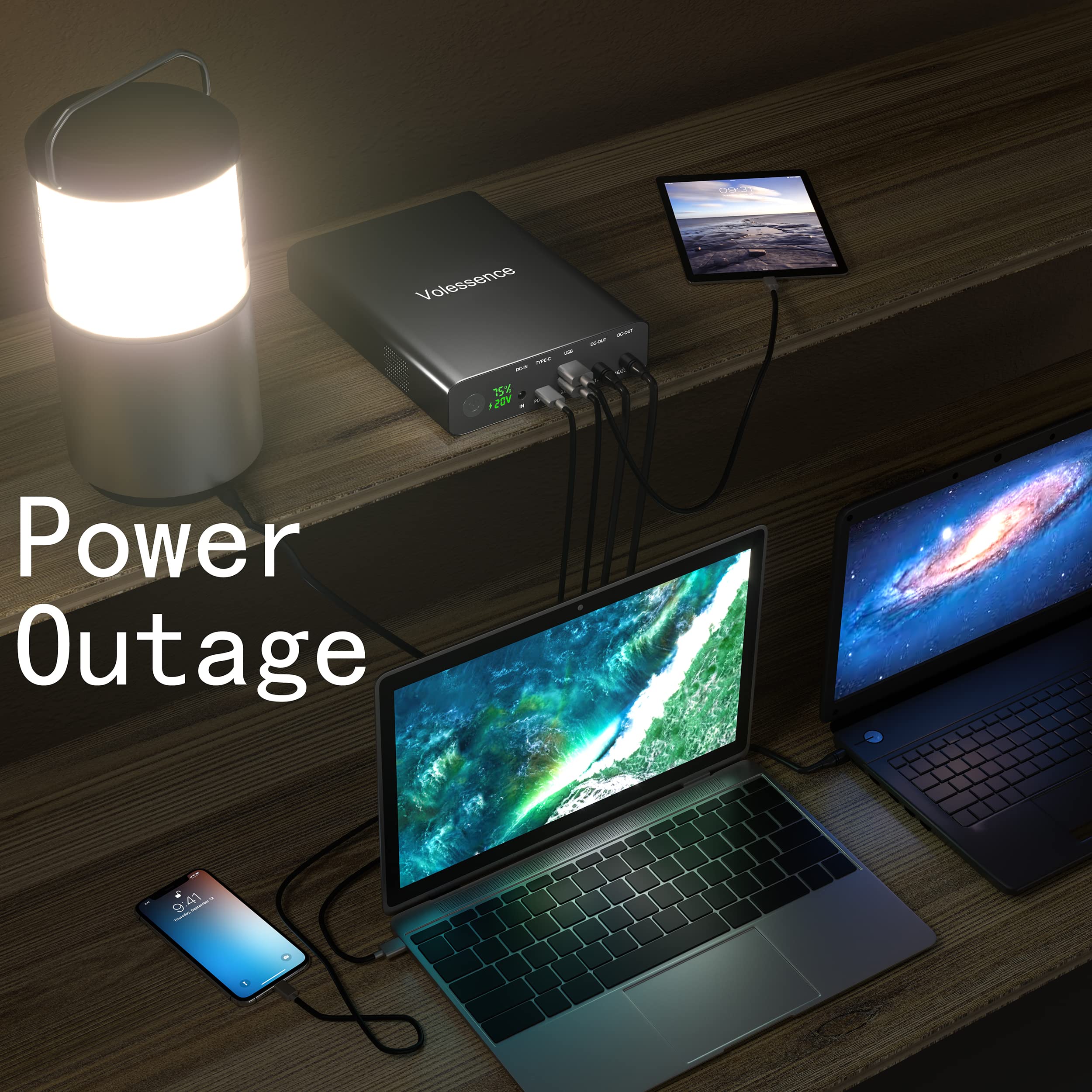 Cargador portátil Volessence de 64 000 mAh, PD 100 W, USB C de alta capacidad, con salidas de CC de 12 V/16 V/20 V/24 V, carga rápida, cargador para teléfono y portátil, paquete de batería para MacBoo