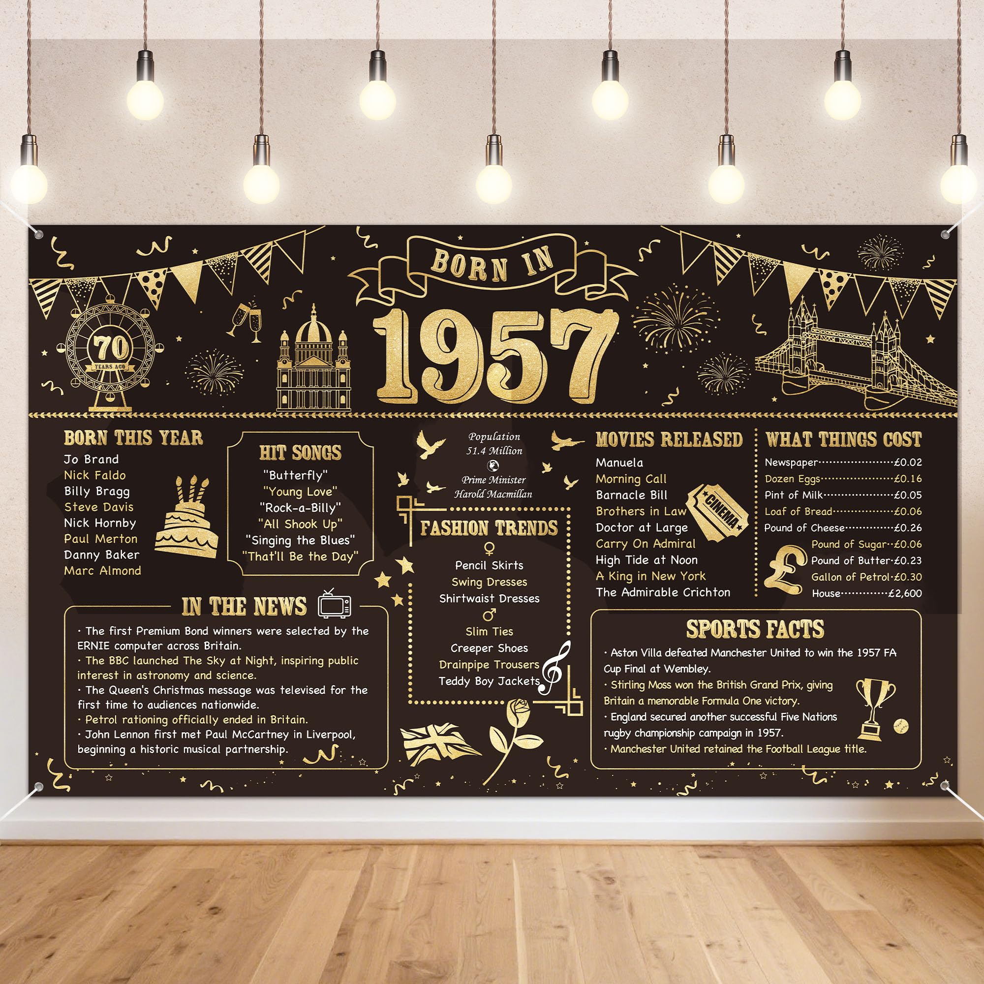 Benjia 70th Birthday Banner Decorations for Men Women, Born in 1957 UK Background Happy 70 Years Old Birthday Backdrop, Cheers to 70 Years Banners Black Gold Poster Bday Gift Home Decor Party Supplies