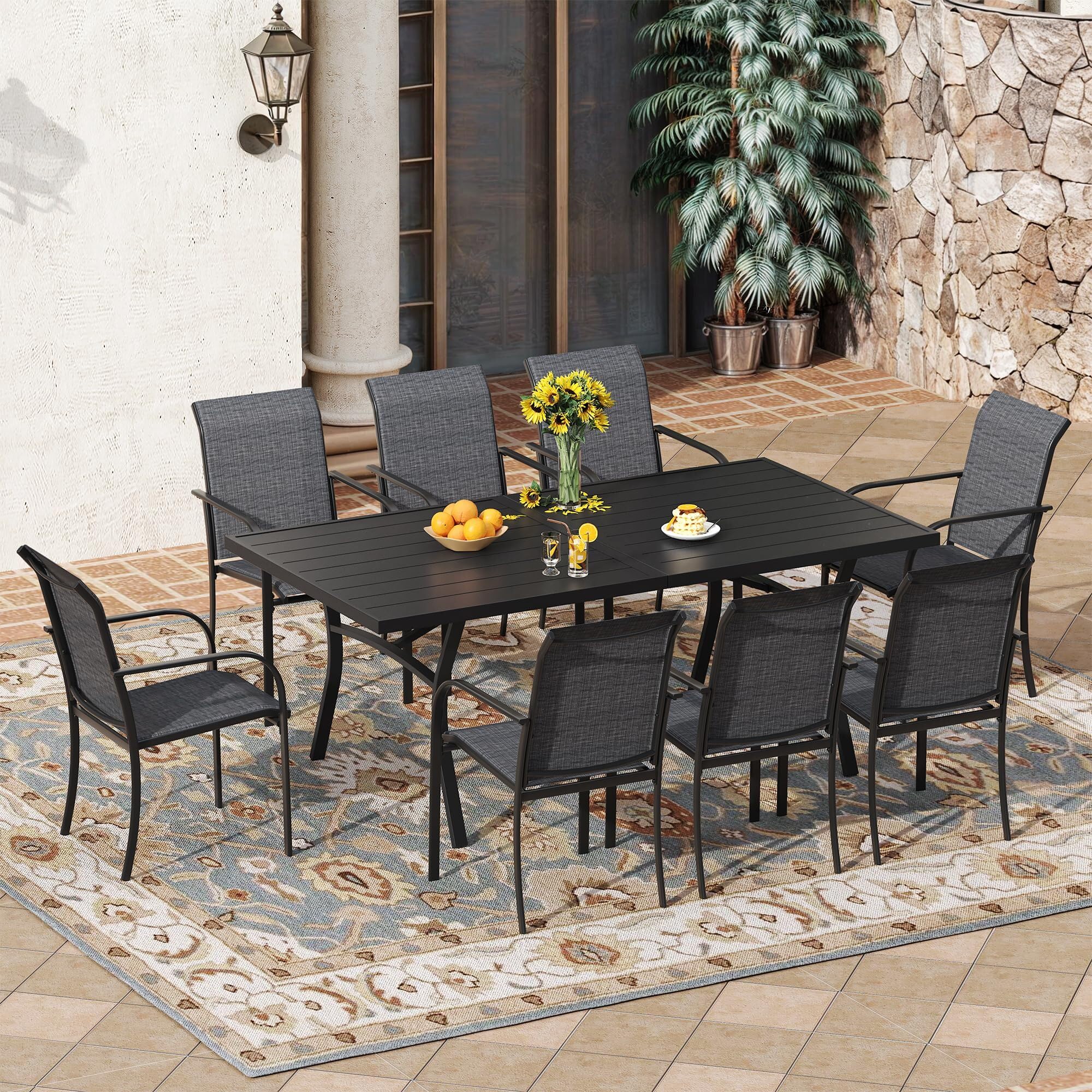 VICLLAX 9 Pieces Patio Outdoor Dining Set, 70" Outdoor Rectangular Metal Dining Table with Umbrella Hole and 8 Stackable Textilene Chairs for Lawn,