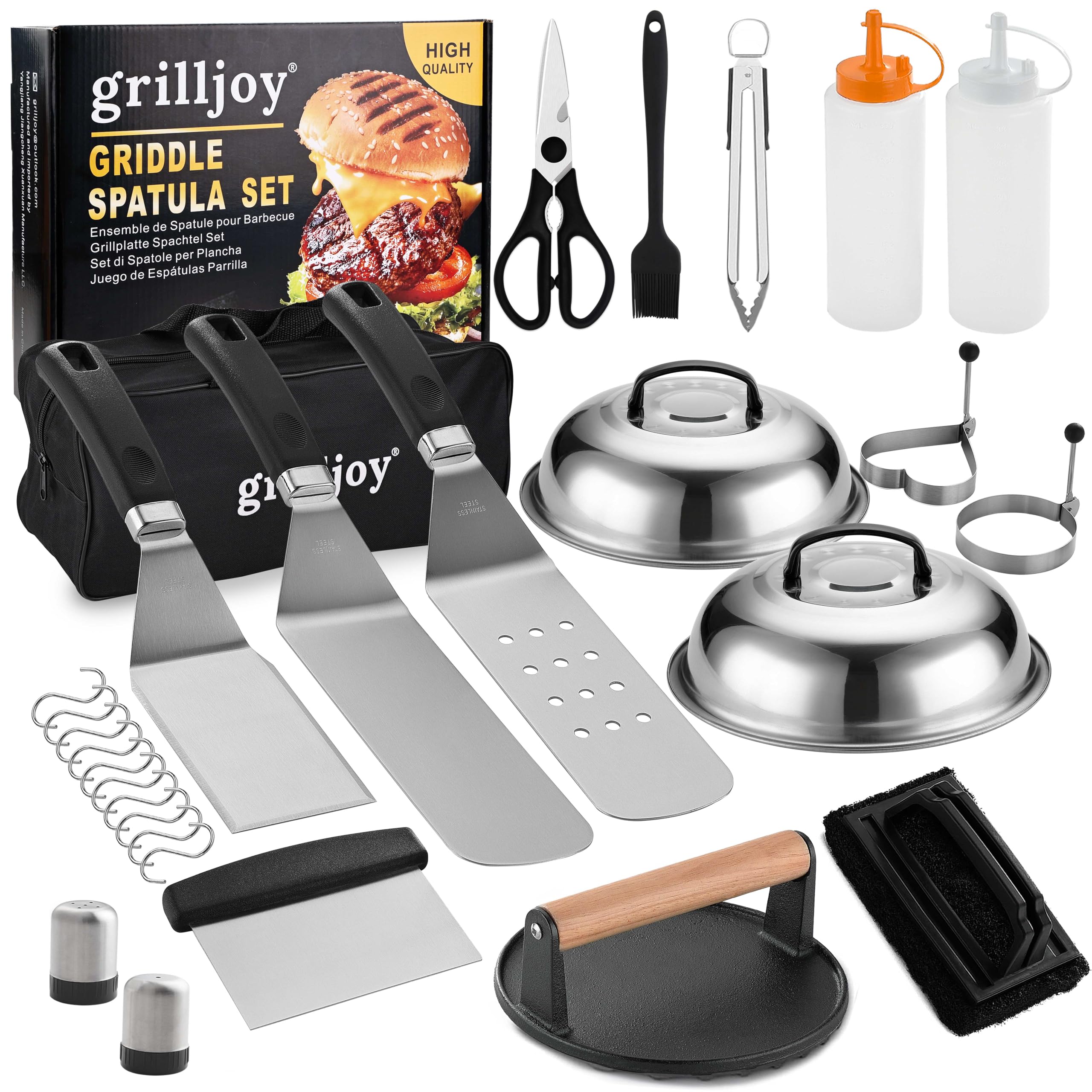 grilljoy Professional Grillbesteck Set aus Edelstahl - Grillspatel Set mit Smash Burger Press