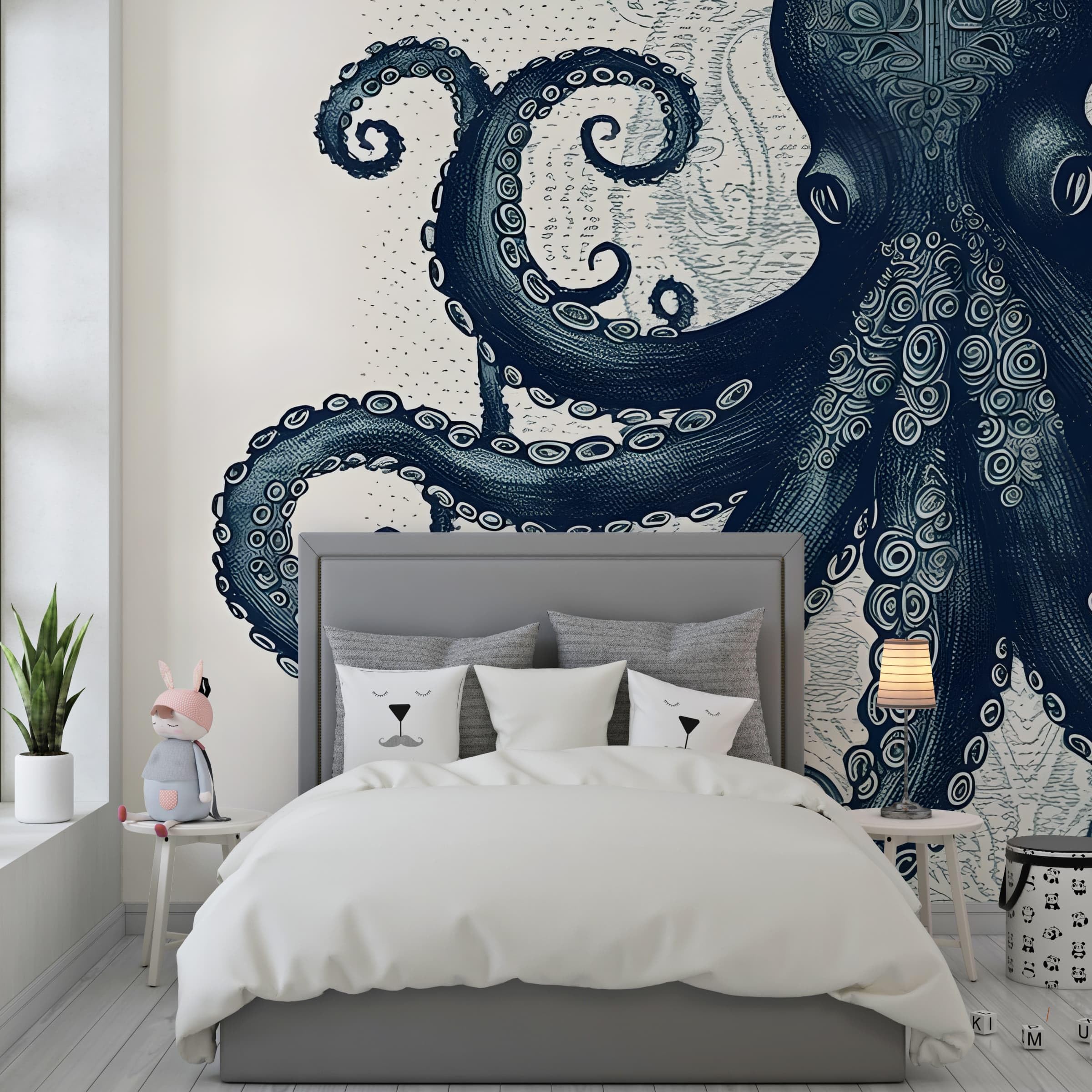 Papier Peint Panoramique Pieuvre Tentacule - Papier Peint Intissé Autocollant - Rétro Animaux Marins Décoration Murale - Adhésif Mural pour Salon Chambre, 400x280 cm - S-1030