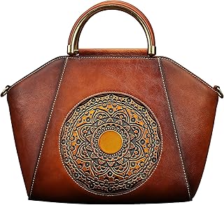 Women Genuine Leather Handbags, Organizer Retro Vegetable Tanning leather Satchel Vintage Embossing Totem Shoulder Bag