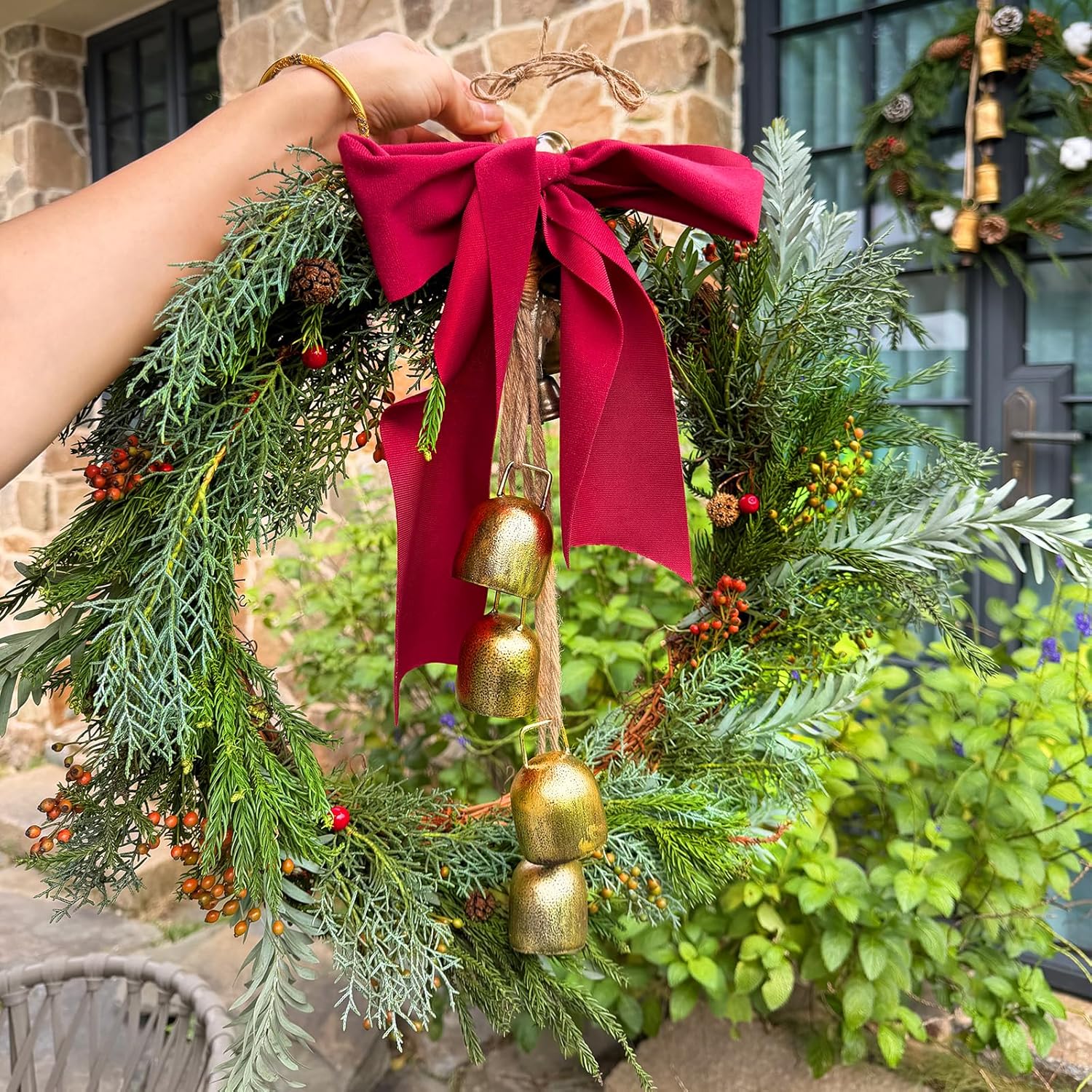 2 Sets of 4 Christmas Rustic Metal Hanging Cow Bells, Wind Chimes Xmas Iron Vintage Bells with Rope for Christmas Tree Wall Garden Garland Decor - Image 6