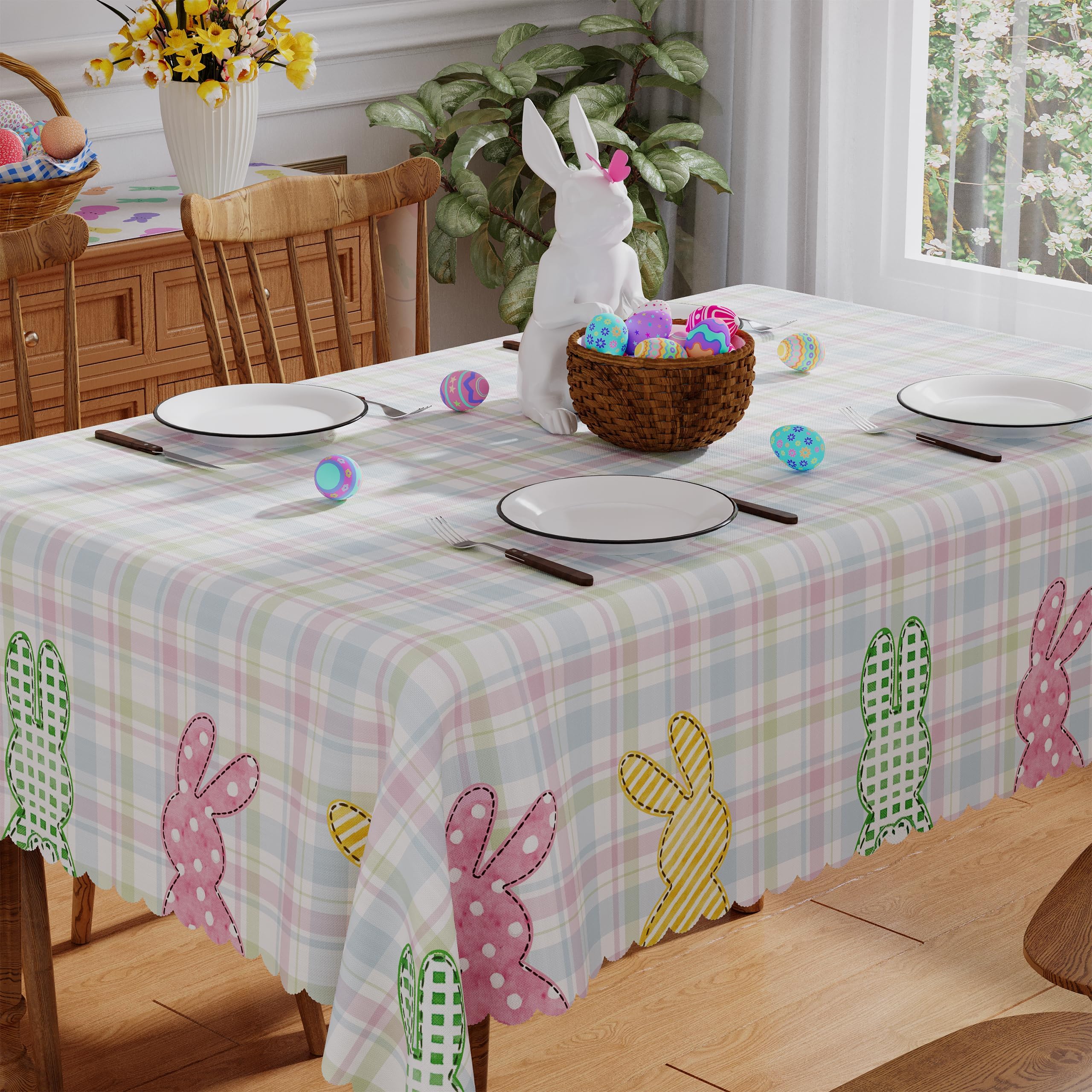 Siilues Easter Tablecloth Rectangle 60x84 Inch, Washable Colorful Plaid Bunny Easter Table Cloth Seasonal Spring Waterproof Scalloped Edge Fabric Home Party Picnic Dining Table Cover Decorations