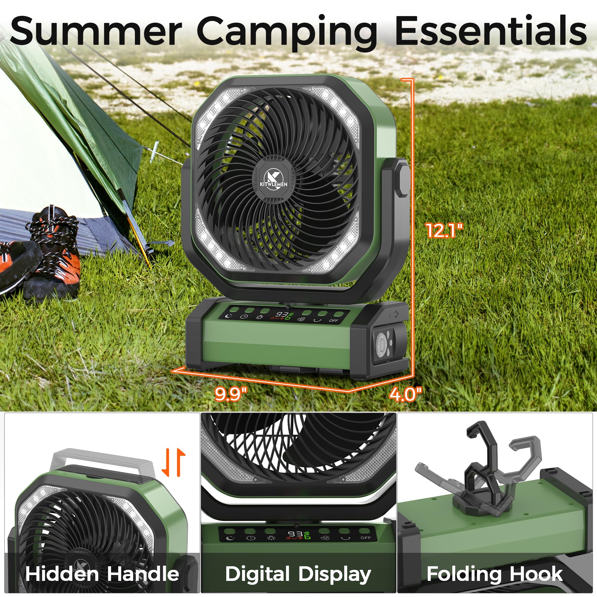 Campingventilator mit Licht, 20000mAh Tischventilator, 112 Stunden max. Laufzeit, 9 Geschwindigkeiten, Timer, automatische Oszillation, 270° Drehung & Haken für Camping, Stromausfall, Hurrikan