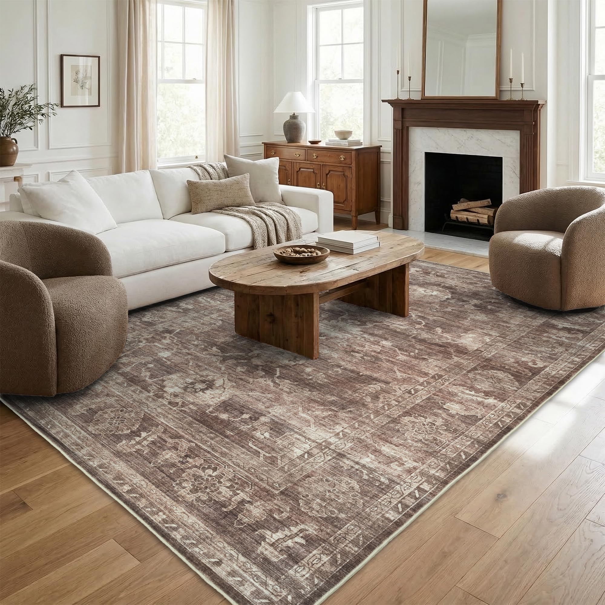 Washable Rugs 5x7 Area Rugs for Living Room,Rug for Bedroom, Vintage Distressed Non-Slip, Ultra Soft Faux Wool Carpet for Dining Room, Deep Taupe/Dusty Rose-Brown for Home Office Décor