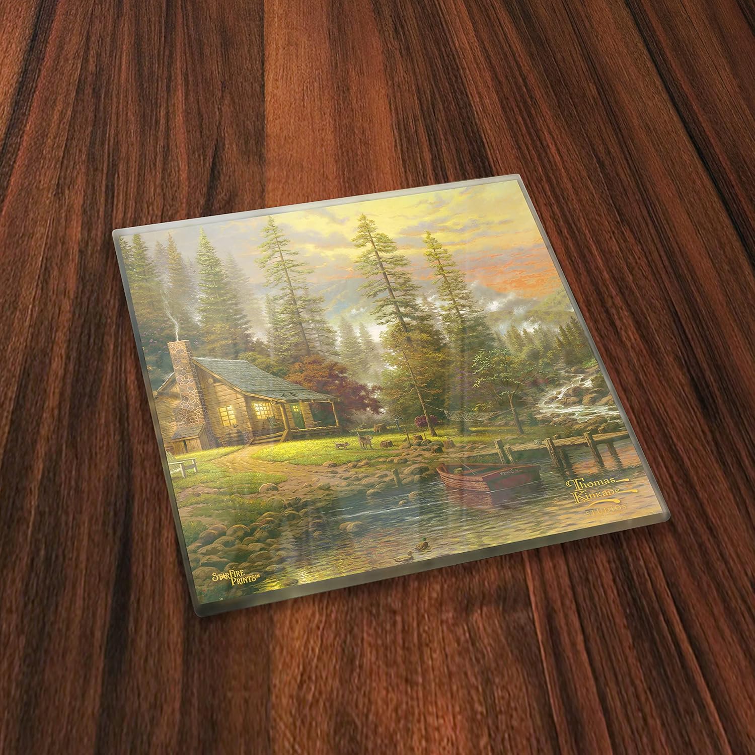 Thomas Kinkade – Mountain Scenes – Mountain Cabin Sunset– Set of Four 4” x 4” Glass Coasters - Comes with Stylish Modern Wooden Coaster – for Gifting and Collecting SPCSTR1220
