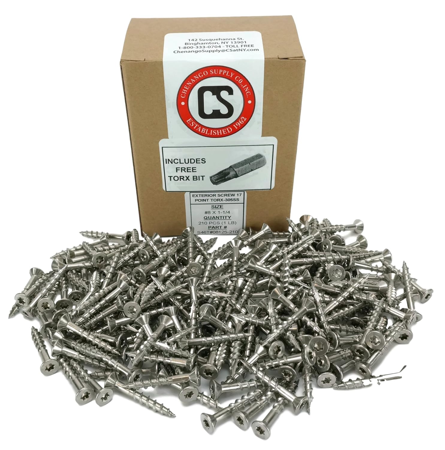 Chenango Supply 305 Stainless Torx Deck Screw #8 x 1-1/4 Flat Head w/Nibs, Type 17 Point, Bit Included (#8x1-1/4 210 PCS)