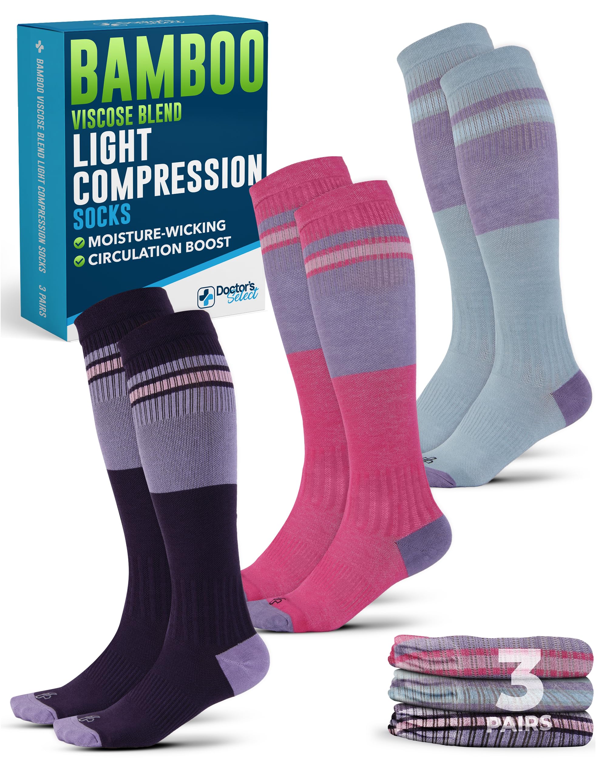 Doctor's Select® Bamboo Viscose Light Compression Socks for Women &amp; Men - 3 Pairs, 8-15 mmHg Compression Socks, Knee High