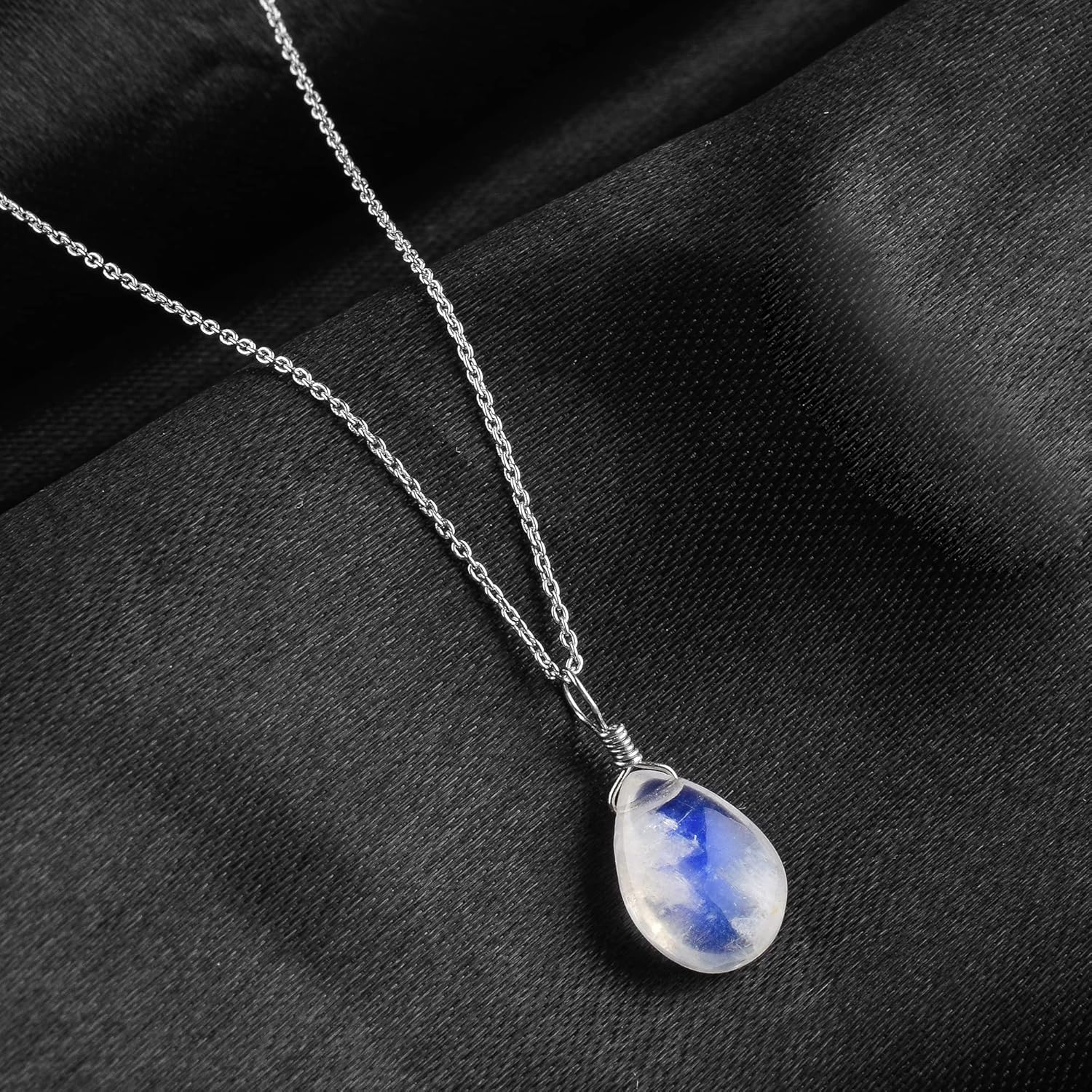 Natural Rainbow Moonstone Pear Pendant Necklace Rhodium Plated 925 Sterling Silver, Gemstone Necklace, Artisan Pendant, Silver Jewelry, Silver Wire, Dainty Pendant, Gift Her - Image 6