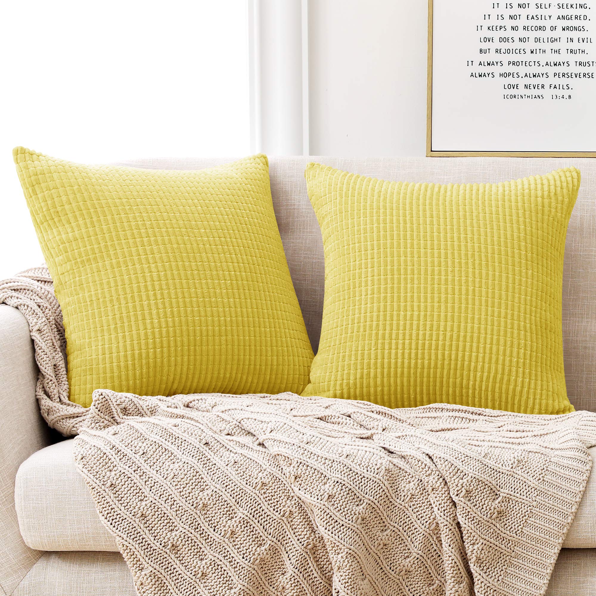 Deconovo Lemon Yellow Set Of 2 Super Soft Large Corduroy Cushion Covers 55Cmx55cm 22X22 Inches Grid Throw Pillowcases Square Pillow Casess Cushion Protectors Cushion Covers For Sofa 2 Pieces