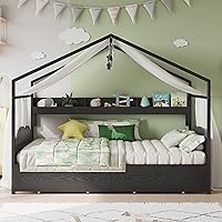 LIKIMIO Twin House Bed Frame with 2 Storage Drawers, Adjustable Bookshelf, Curved Headboard - No Box Spring Needed, Black