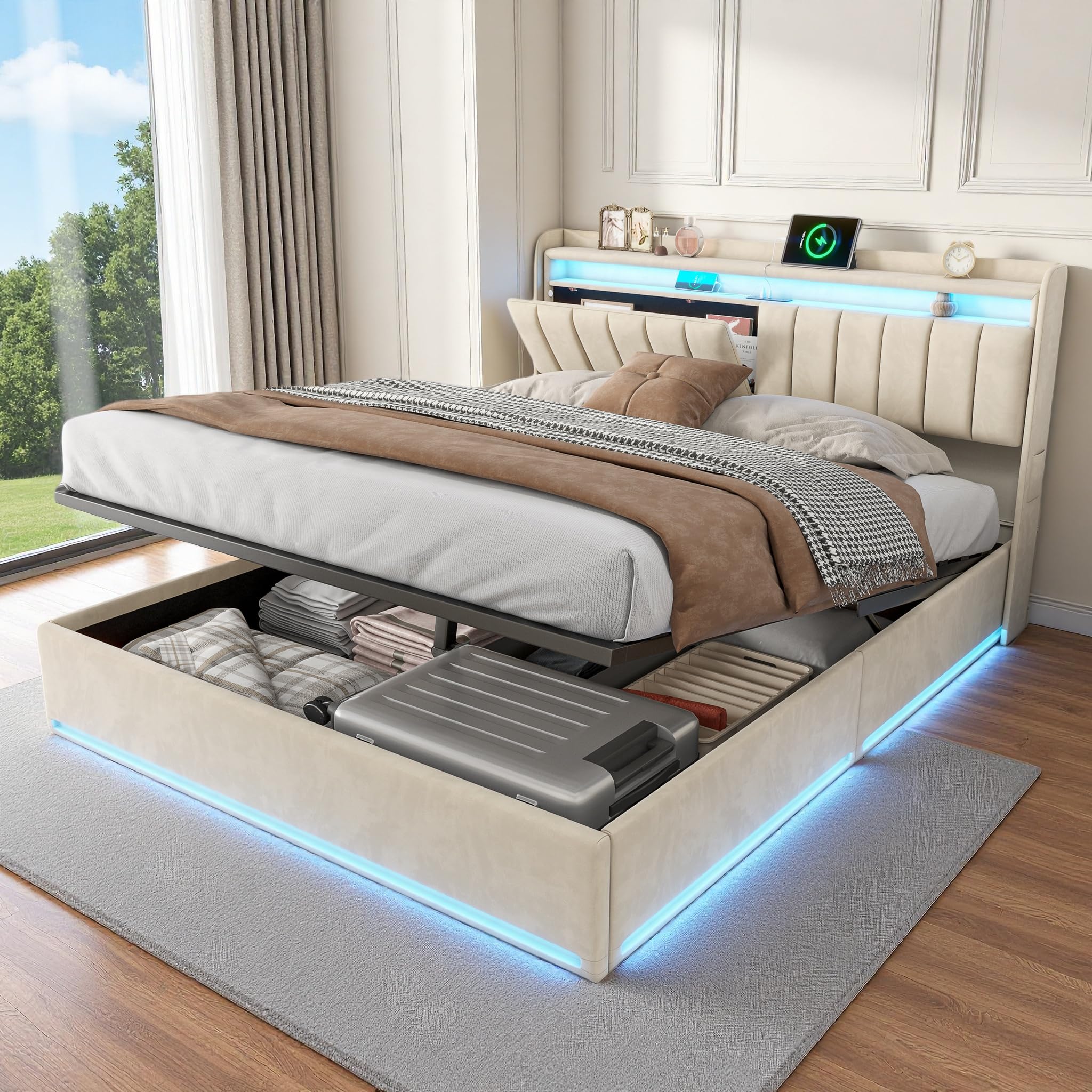 Łóżko bagażowe 160 x 200 cm z LED RGB, hydrauliczne przechowywanie i porty USB, zagłówek ze schowkiem, beżowy aksamit, łóżko pływające bez materaca