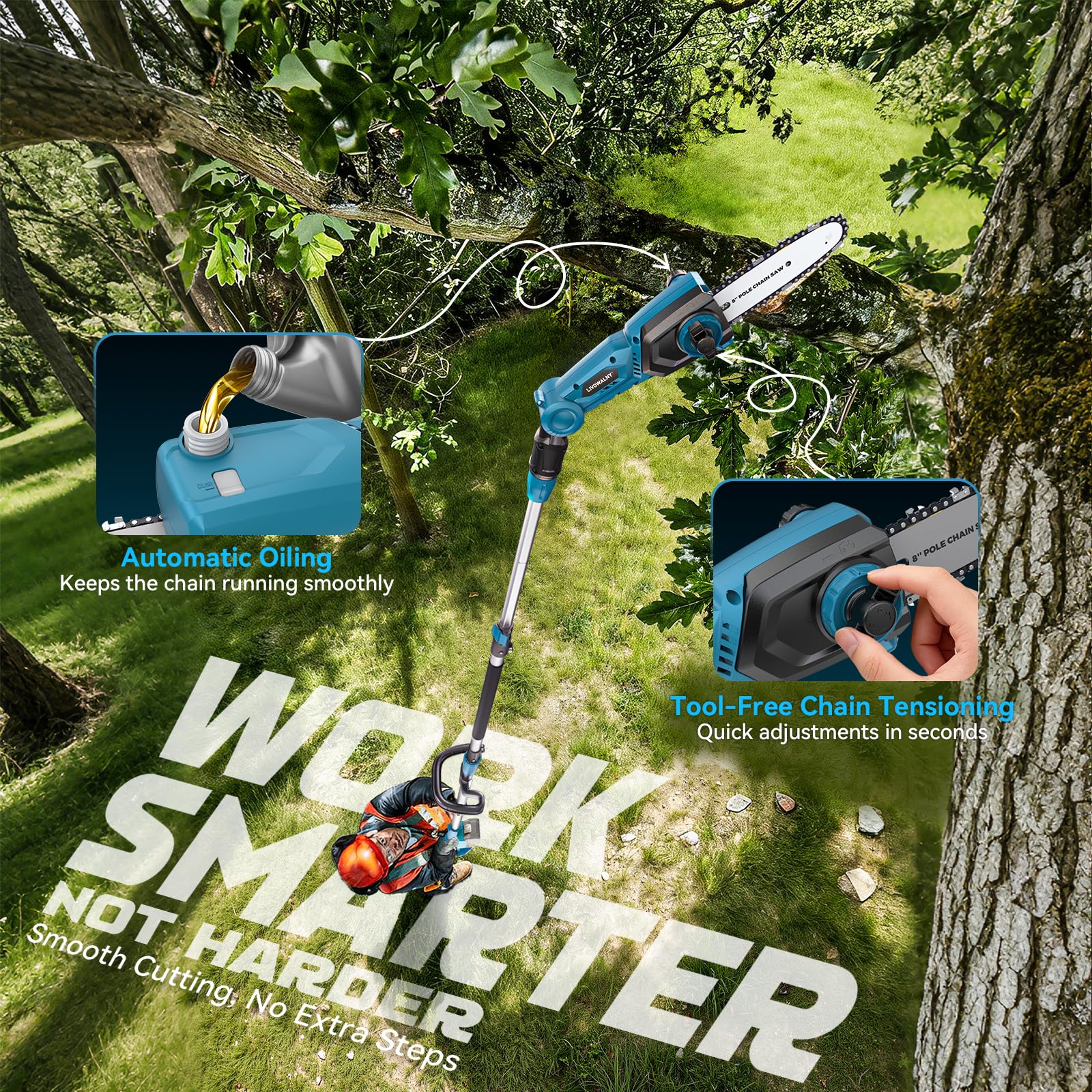 LIVOWALNY Akku Hochentaster kompatibel mit Makita 18V Akku, 8 Zoll Kettensäge mit Teleskopstange 2,1–2,7 m, 26 ft/s, automatischer Ölung, werkzeuglose Kettenspannung, 0–45° Schneidkopf (ohne Akku)