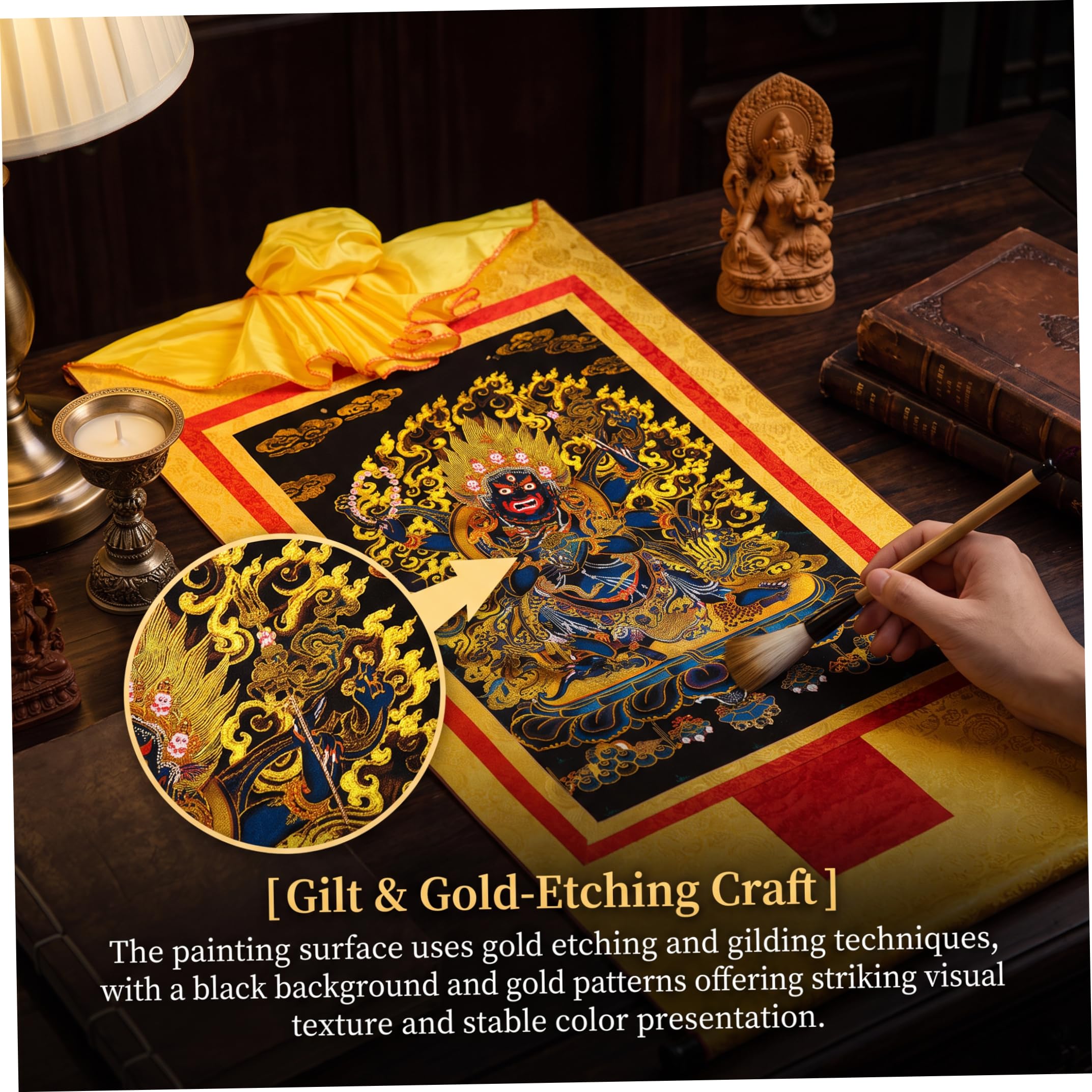 Tsawntd Tibetischer Thangka: Sechsarmiger Mahakala mit Goldprägung, Gold