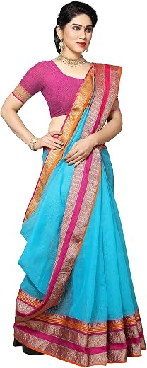 Sidhidata Women's Temple Border Kota Doria Cotton Manipuri Saree With Unstiched Blouse Piece
