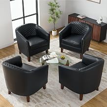Faux Leather Barrel Accent Chairs Set of 4, Modern Armchair, Black