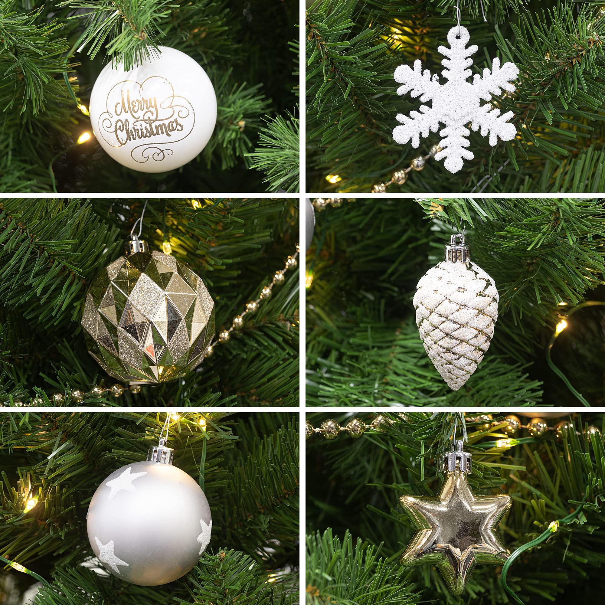 ITART 143pcs Christmas Tree Decoration Ornaments Kits Including Tree Topper Christmas Balls Beaded Garland Finials Clear Icicles