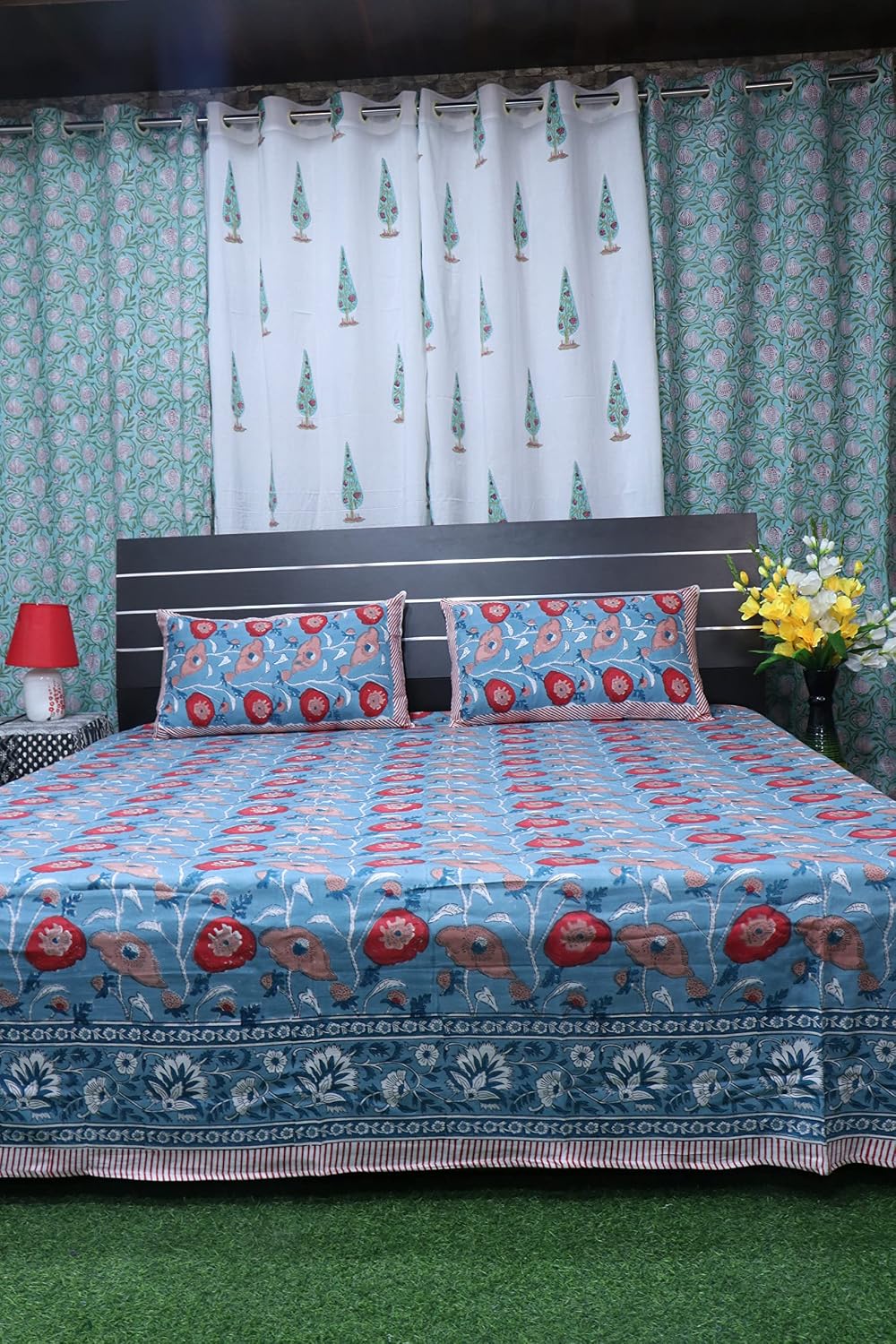 INDACORIFY Beautiful Flower Printed Design Jaipuri Bedsheet,Bedcovers Home Decor Soft and Comfy Bedspread (90 x 108 Inches)