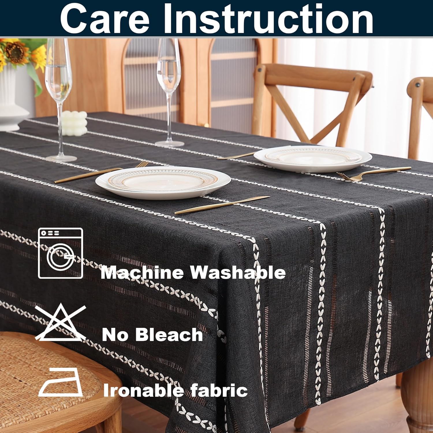Gernaice Boho Striped Oval Tablecloth, Linen Fabric Cut-Out Embroidery Style Table Cover Dust-Proof Decoration for Dining Kitchen Home Party Oval Table, Black 53”x70
