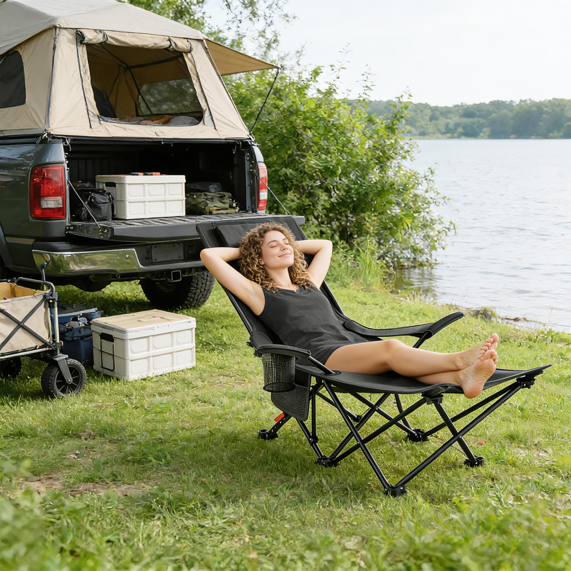 Chaise de camping, pliable avec repose-pieds et support dorsal réglable sur 4 positions, chaise de camping avec porte-gobelet et sac de transport, chaise pliante pour camping, pêche et plage