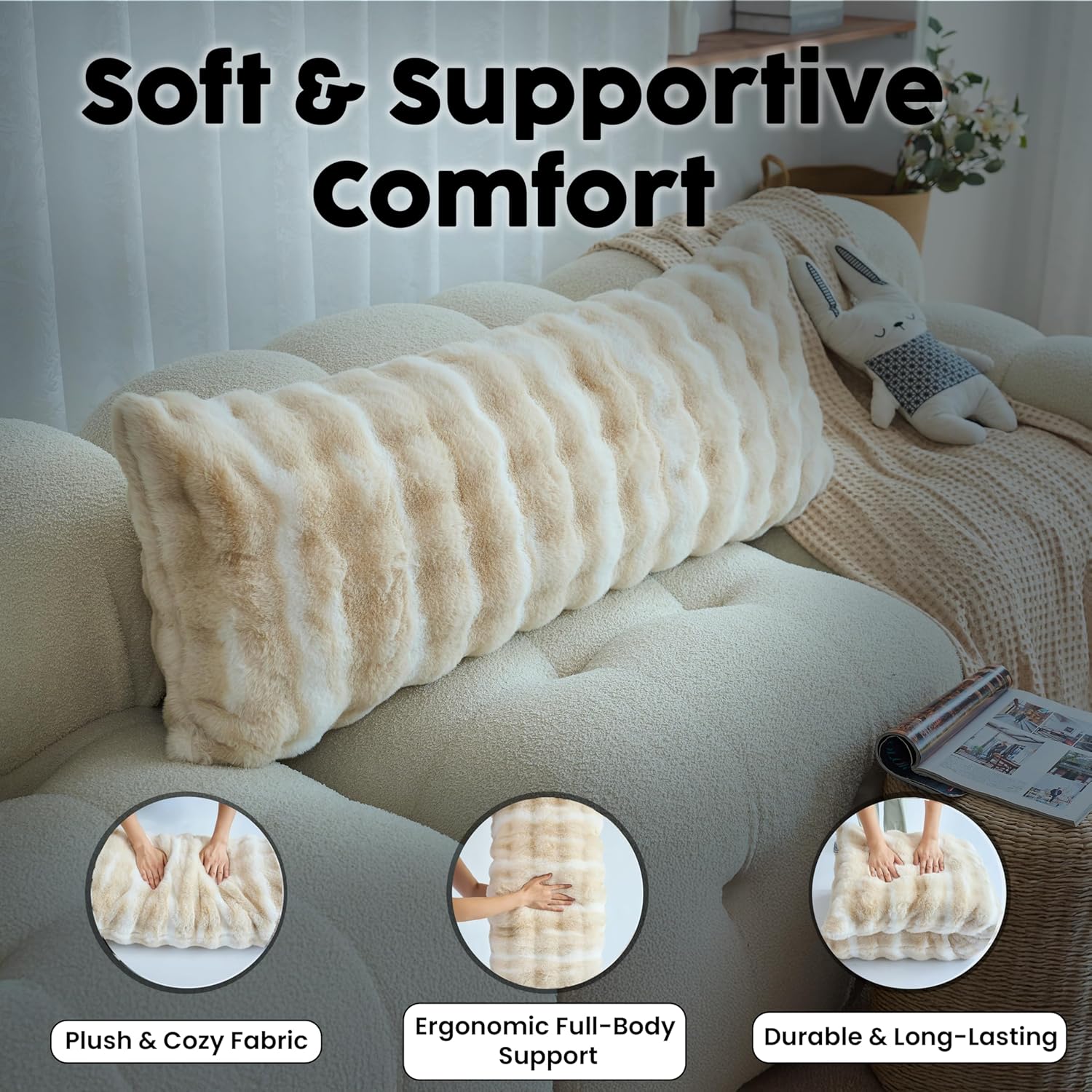 OMEO Winter Fluffy Full Body Pillow – Memory Foam Pregnancy Pillow, Nursing Pillow for Side Sleepers, Weighted Body Pillow for Adults, Beige Camel