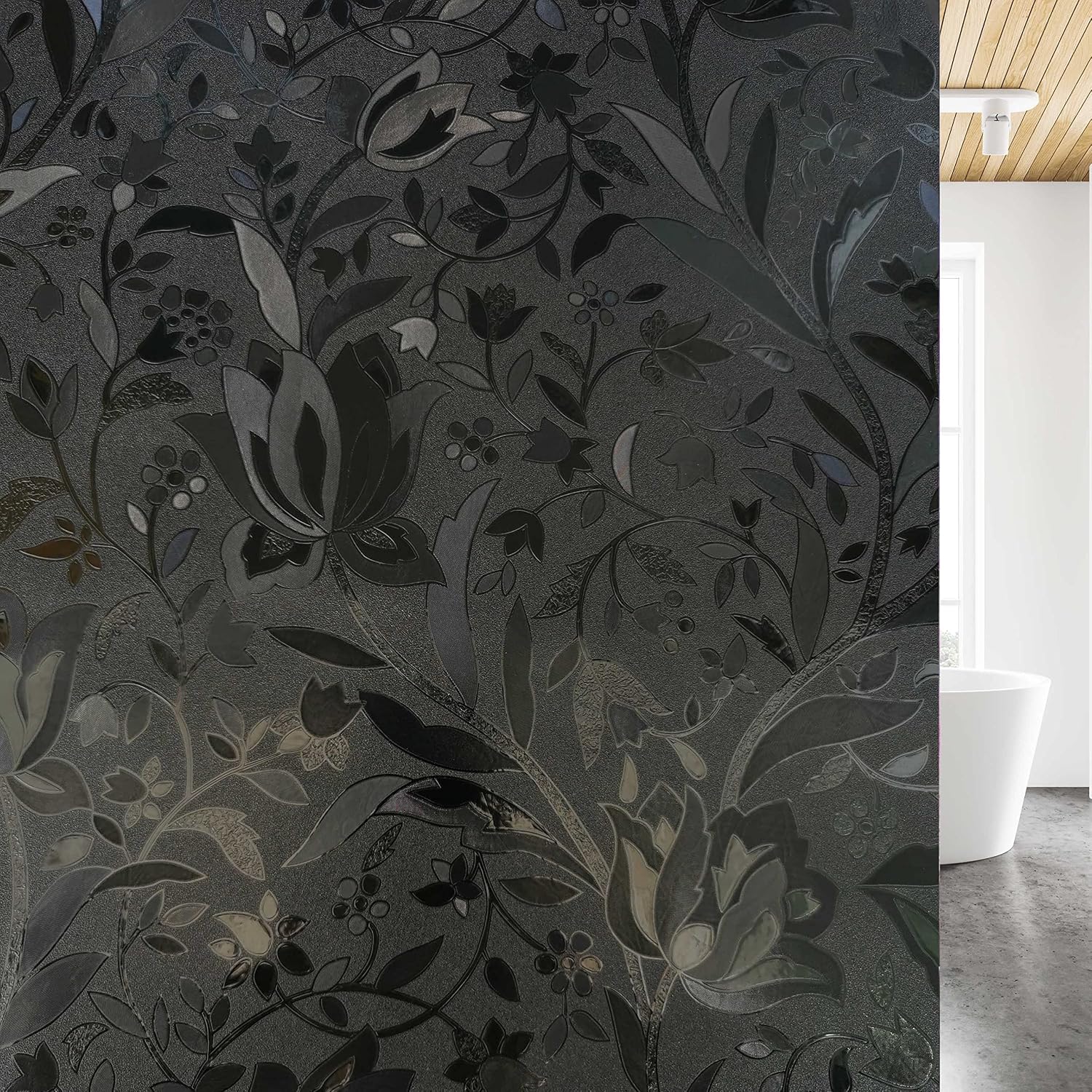Privacy Window Film, Non-Adhesive Blackout Window Tint Room Darkening Static Cling Window Treatment 100% Light Blocking Vinyl w/Etched Tulips for Bedroom, Day Sleeping, Aquarium (Black, 17.7"x78.7")