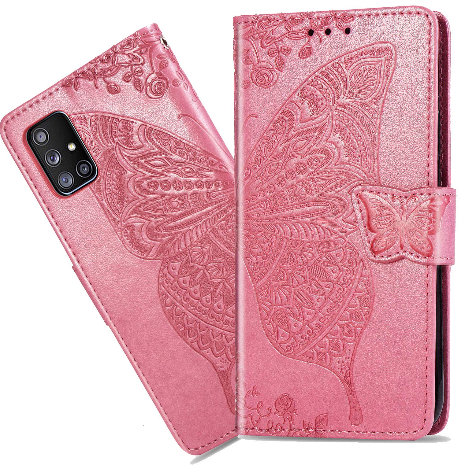 CCSmall for Samsung Galaxy A71 5G Wallet Case Bling for Women Girls, Floral Diamond Cute Butterfly PU Leather Flip Case Cover with Card Slot Holder for Samsung A71 5G HZD Pink