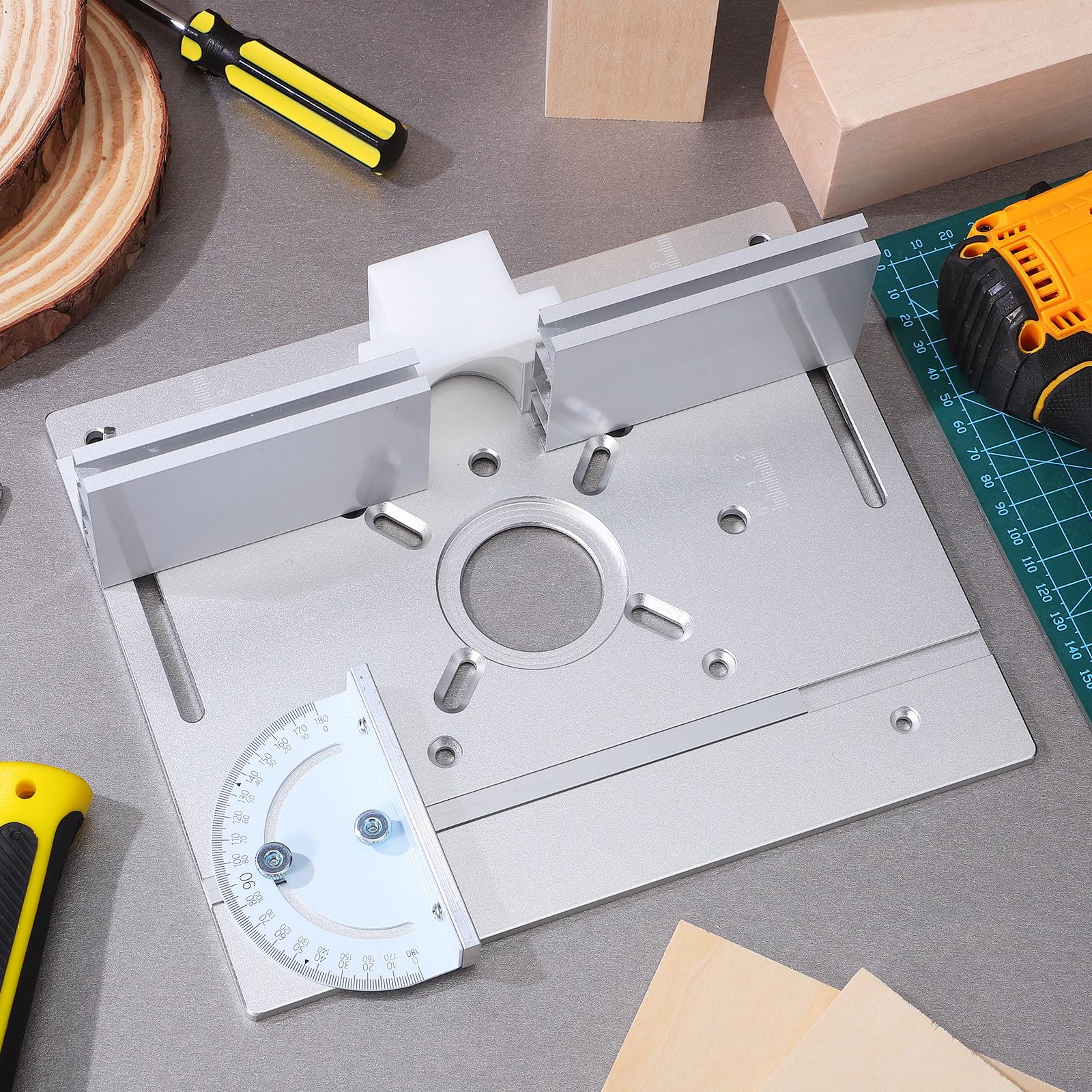 Cabilock Placa de Inserción para Mesa de Fresadora de Aleación de Aluminio, Base Abatible con Medidor de Ángulo, Compatible con Bancos de Carpintería, Accesorio para Trabajos de Bricolaje