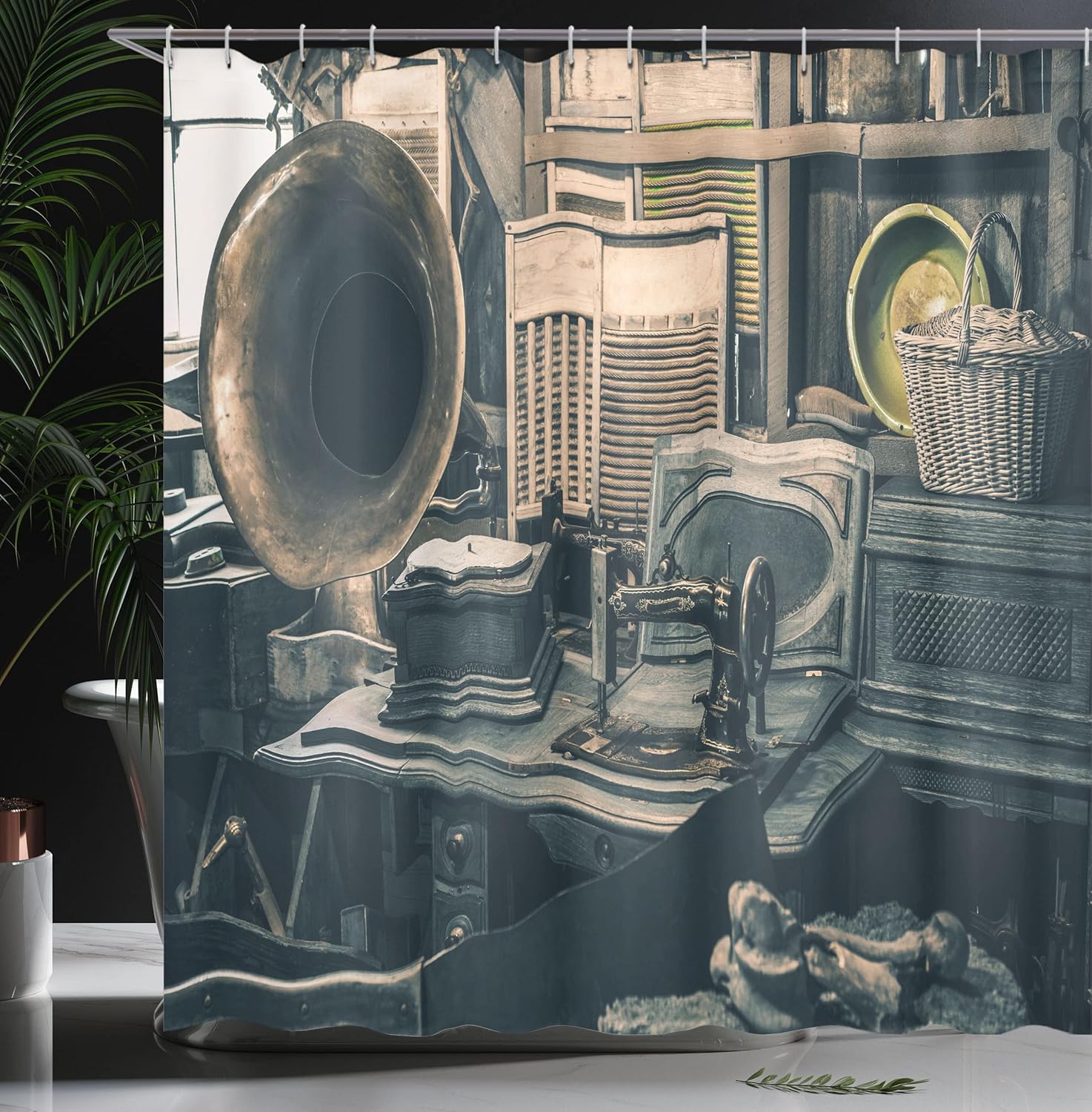 Ambesonne Antique Shower Curtain, Antique Store Inventory Old Gramophone Sewing Machine Other Early 20 Century Stuff, Cloth Fabric Bathroom Decor Set with Hooks, 69" W x 70" L, Sepia