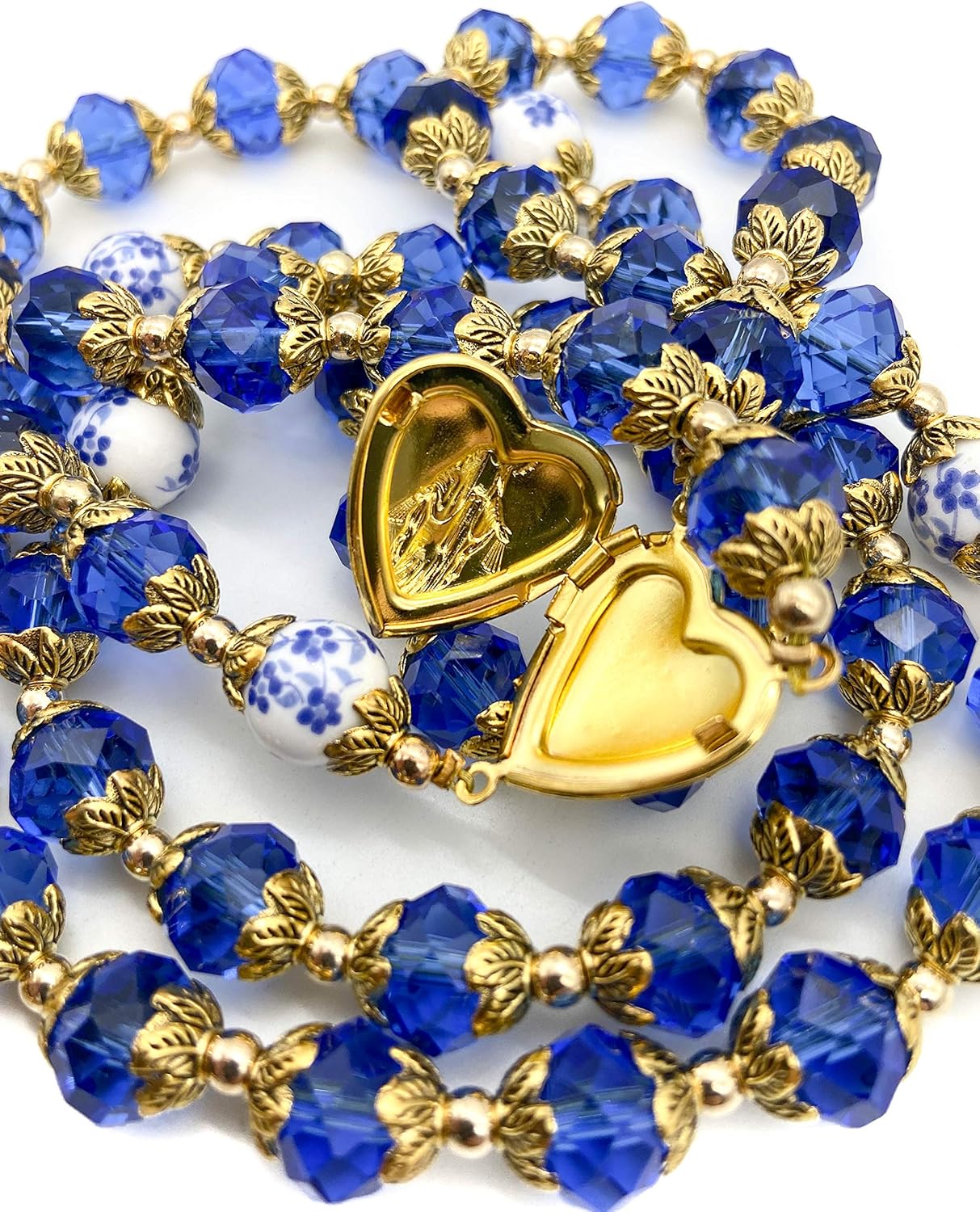 Nazareth Store Catholic Blue Crystal Beads Gold Rosary Flowers Beaded Necklace Miraculous Heart Locket Medal & Cross Religious Women Men Amulet - Image 7