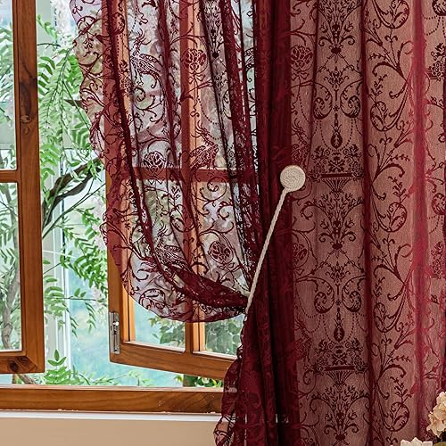 Miniatura 41 de Cortinas florales beige de 108 pulgadas de largo - Cortinas de encaje finas para comedor, con volantes de flores retro de los 60 y 70, bordadas