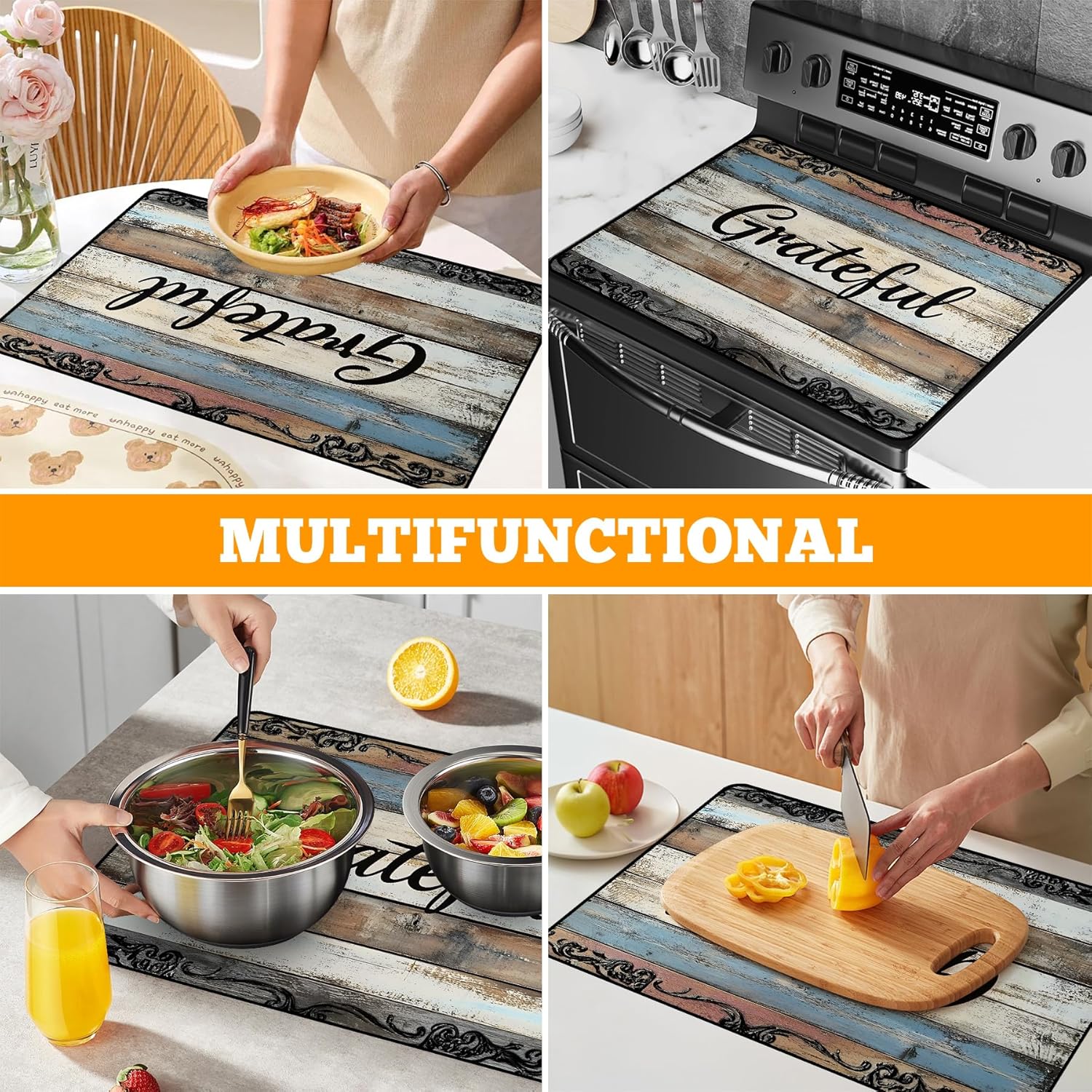 Multi-Design Stove Top Cover for Glass/Electric Stoves - 3-in-1 Heat-Resistant Protector Mat, Non-Slip Drying Rack 28"x20" (Grateful, 28" L x 20" W)