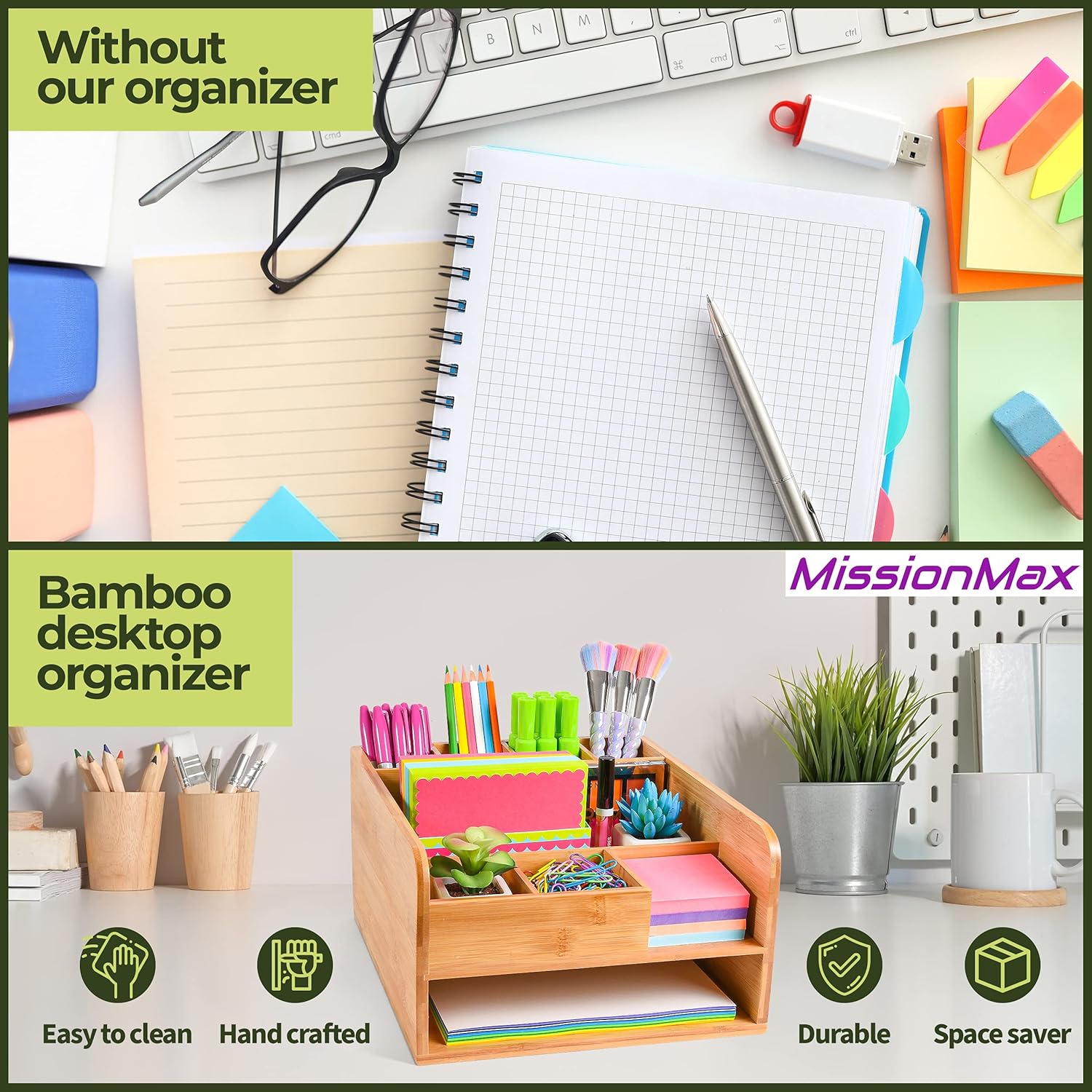 Bamboo Desk Organizer Patented Portrait Design. Fully Assembled and Holds all your Accessories, Supplies and Storage needs for Office , Home and Classroom Organization by MissionMax. : Office Products