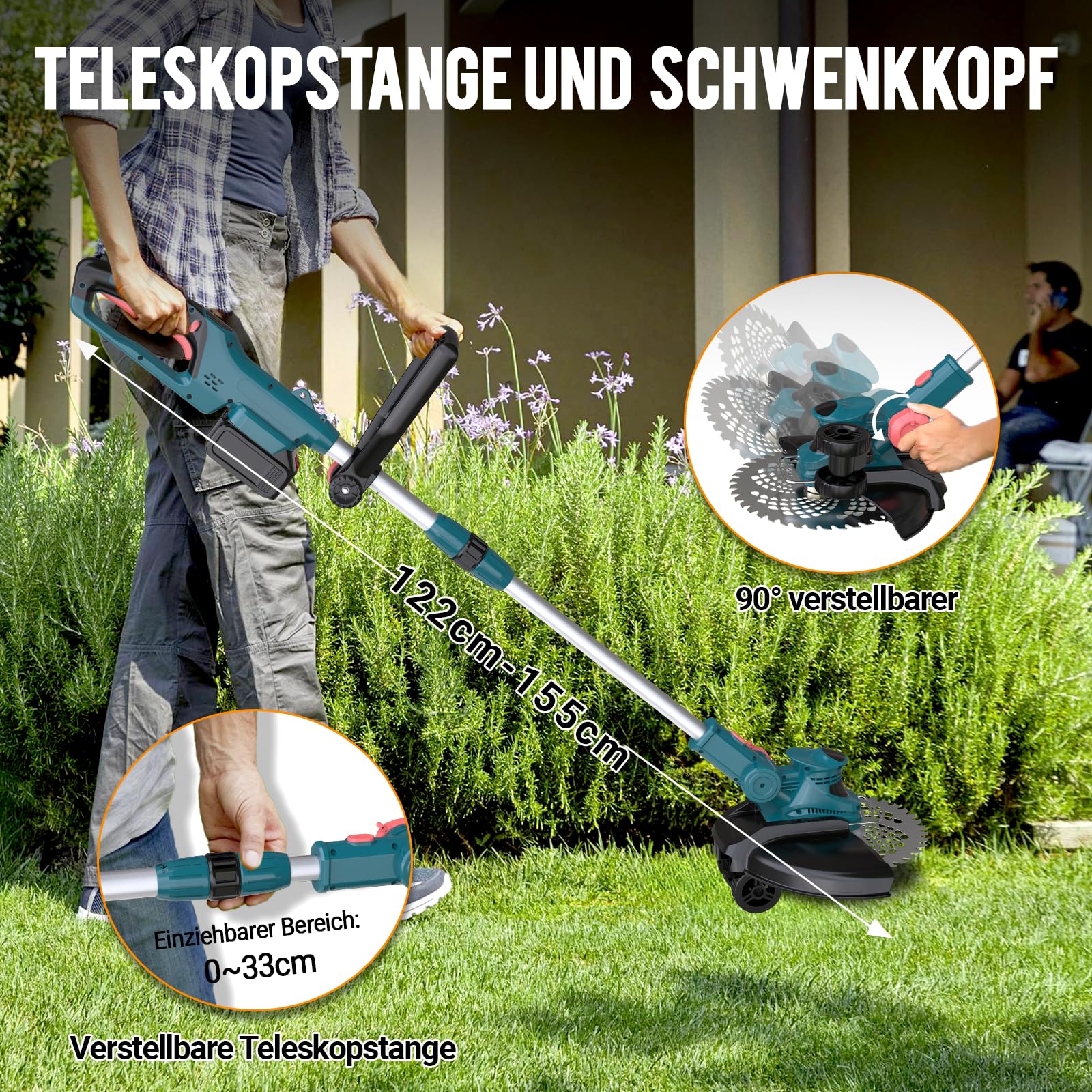Akku Rasentrimmer mit Akku und Ladegerät, 21V Rasentrimmer für Makita Akku, Freischneider Akku - Inkl. 2 X 4.0Ah Batterie, Rasentrimmer mit Unkrautbürste, 90° Schwenkbarer Kopf, für Garten (Blau)