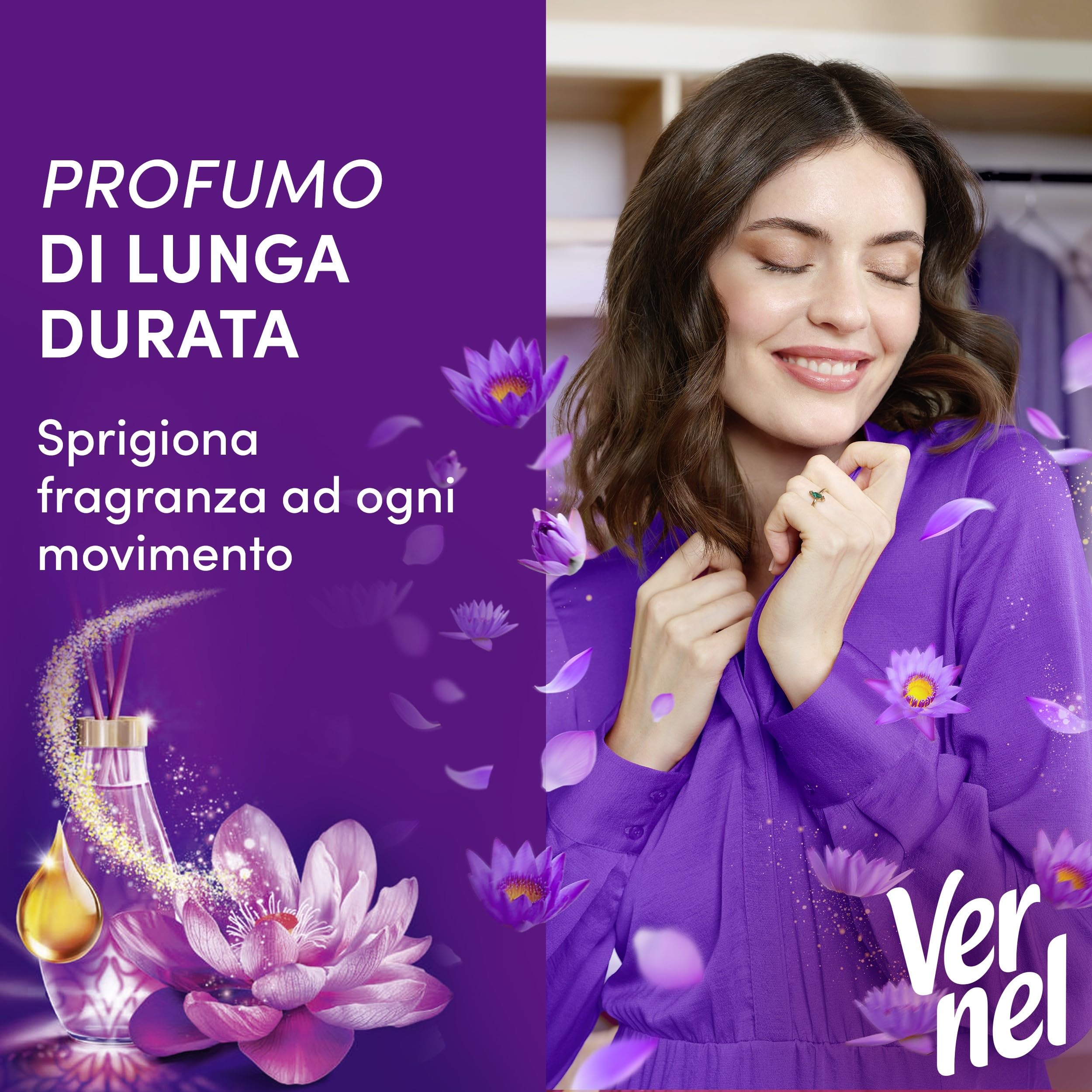 Ammorbidente Concentrato Vernel Aromatherapy Sogni di Loto (10 x 48 lavaggi), Ammorbidente Concentrato per Tutti i Tessuti, Profumo di Lunga Durata con Oli Essenziali