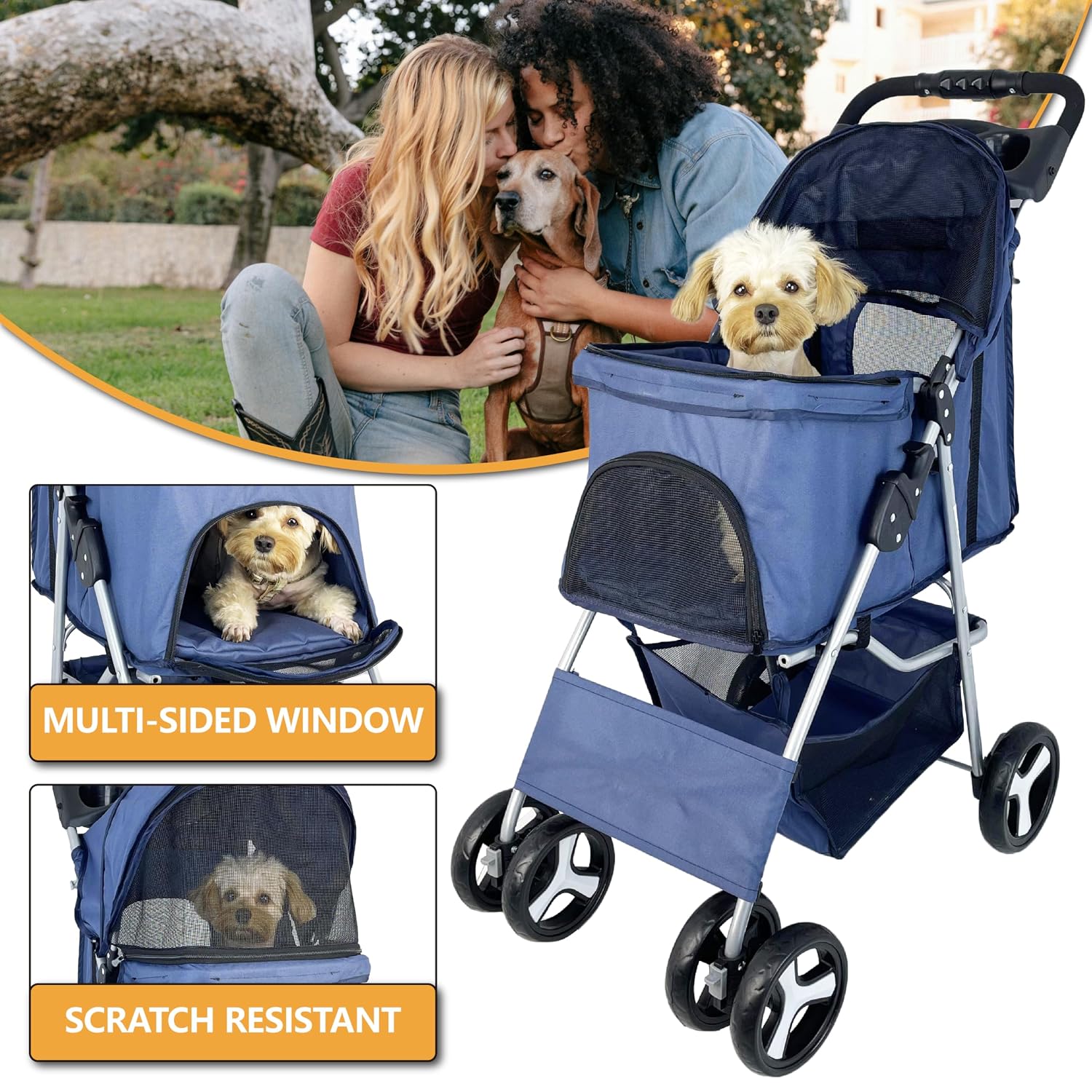 Pet Stroller for Medium/Small Dogs & Cats, 33 Lbs Max, 4 Wheels, Blue