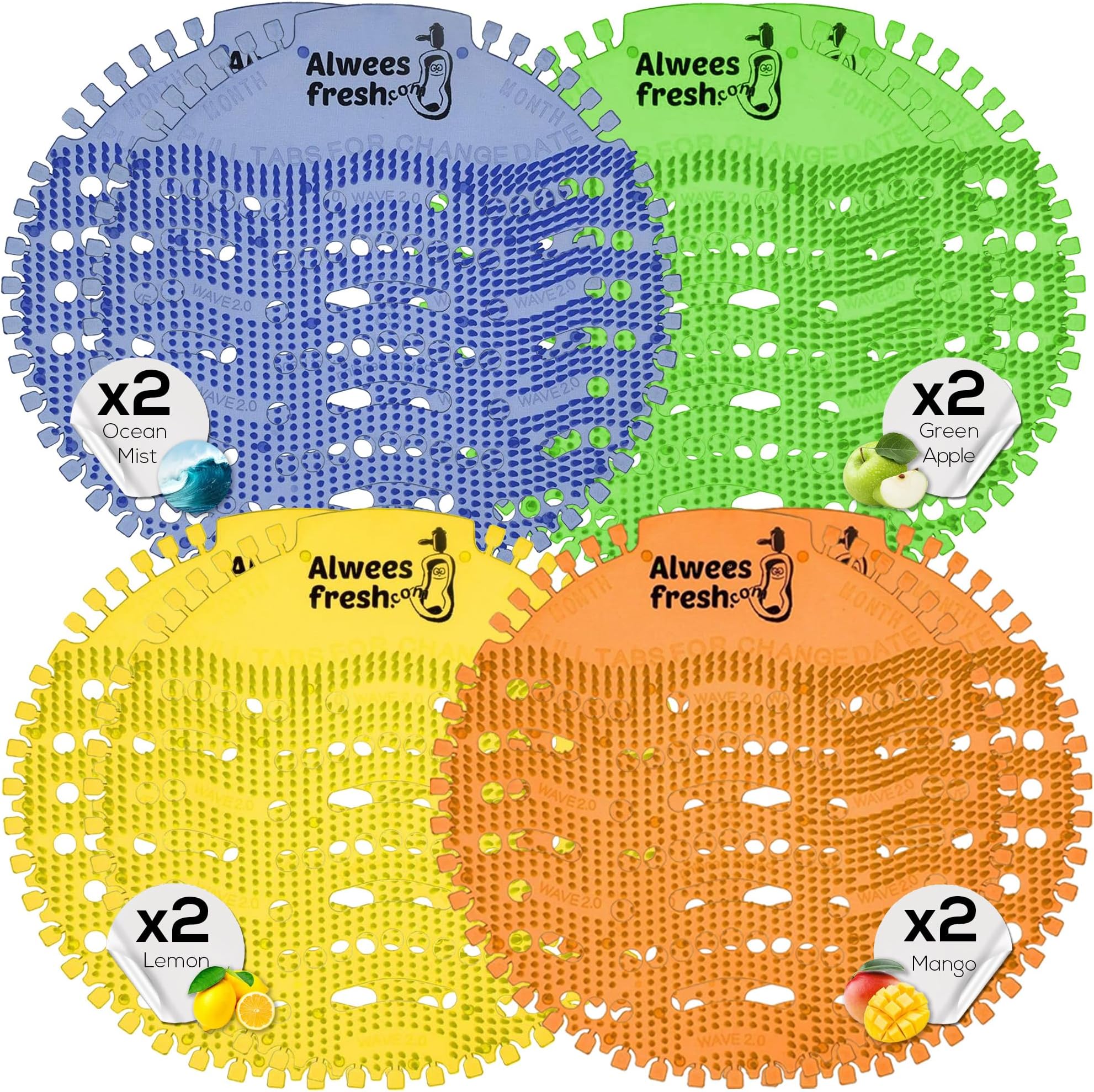Alwees Fresh Urinal Mats Scented Bundle - Anti-Splash Urinal Screens, Odour Neutraliser & Deodoriser Pads, Long Lasting Urinal Blocks, Fits Most Commercial & Home Urinals 8-Pck Bundle - 4 Scents
