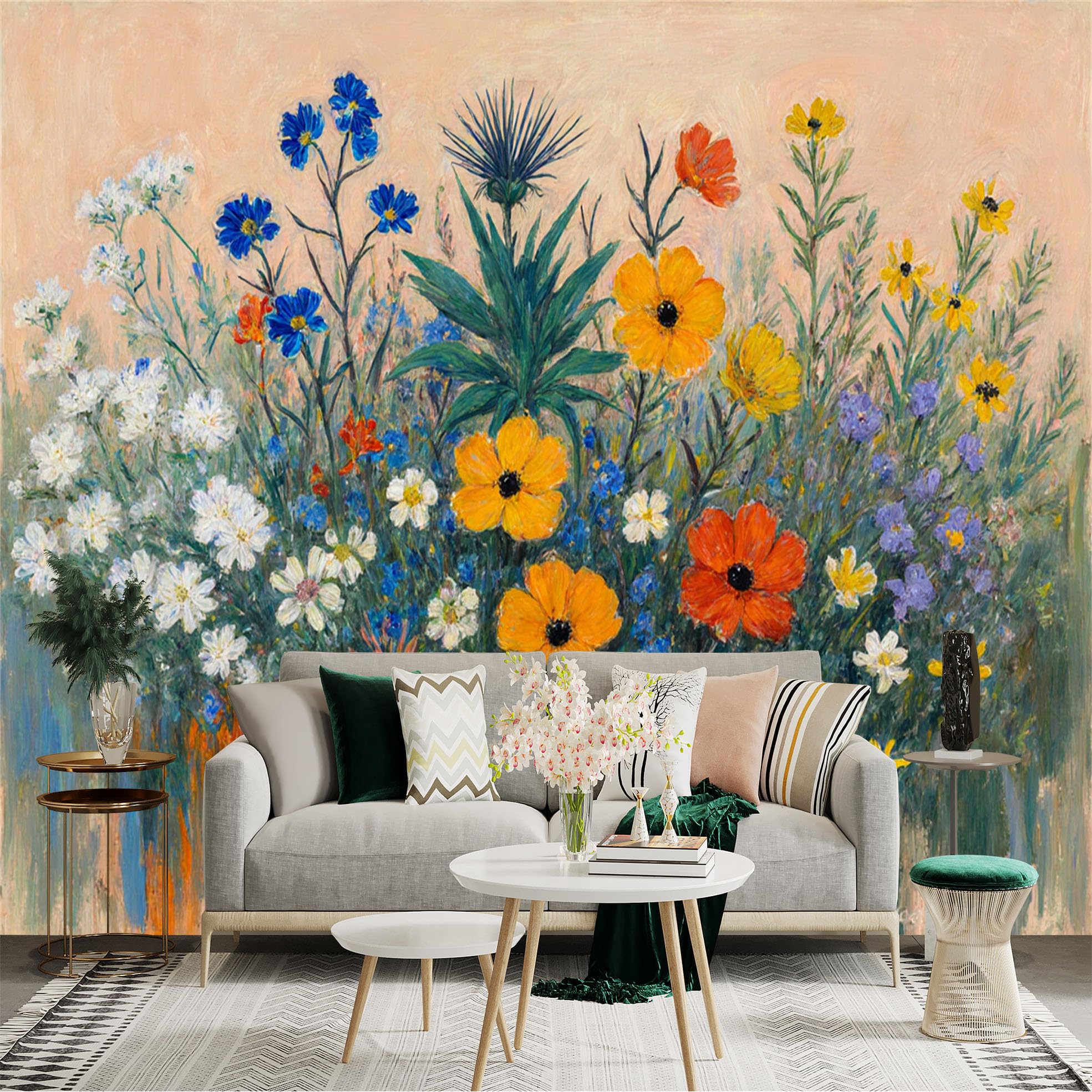 Custom Size Wall Sticker Mural， Impressionist Wildflower Meadow， Colorful Botanical Art， Vibrant Spring Floral Bouquet， for wall Decoration， peelandstick wall Decals.