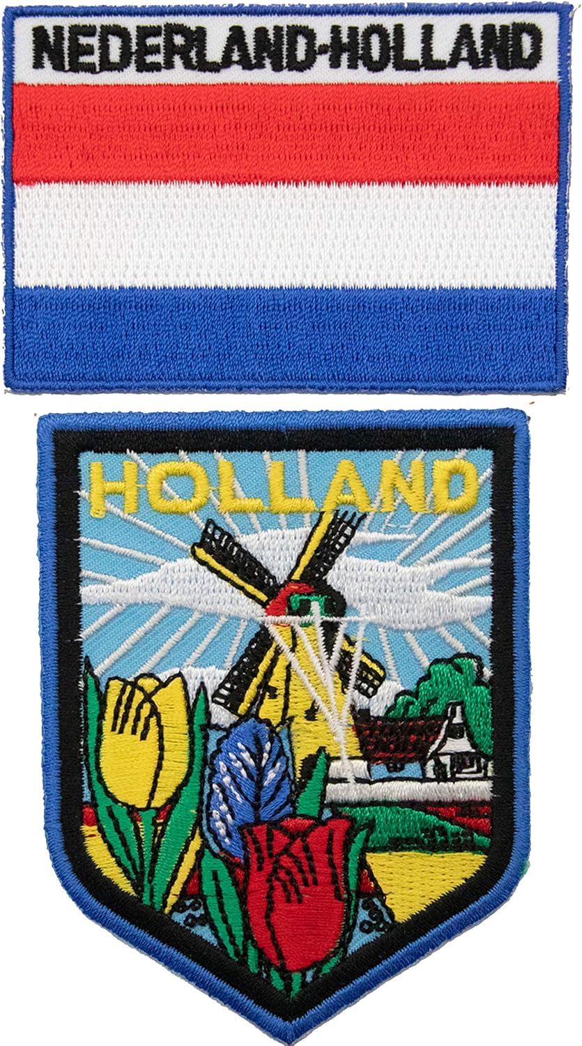 A-ONE - Holland City Shield Patch with Windmill and Tulip + Holland Flag Sew-on Embroidery Patch, Country Flag Badge No.109C