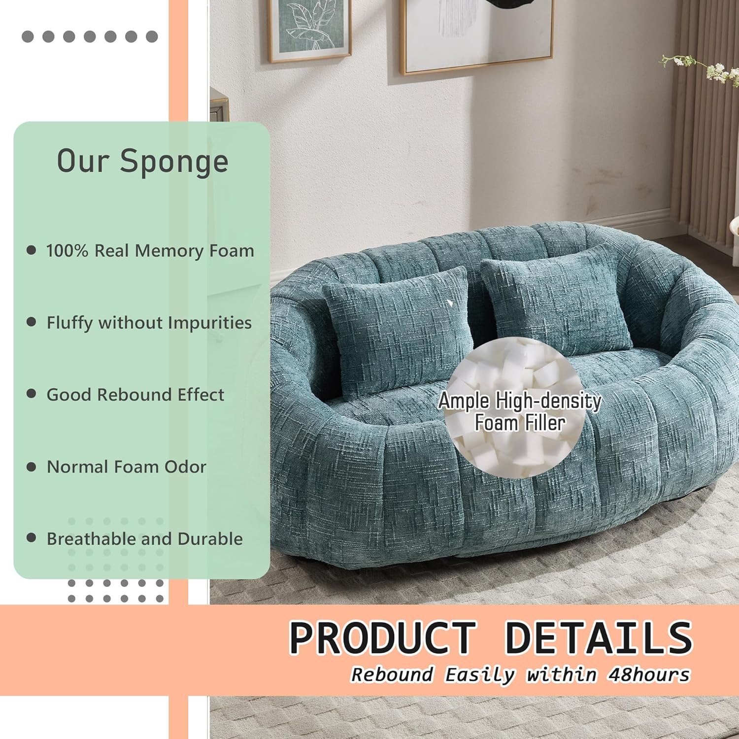 Bean Bag Sofa, Comfy Loveseat Couch with 2 Pillows, Soft Giant Bean Bag Chair, Cozy Round Lazy Sofa with Wide Backrest for Living Room, Reading Room and Bedroom, Teal