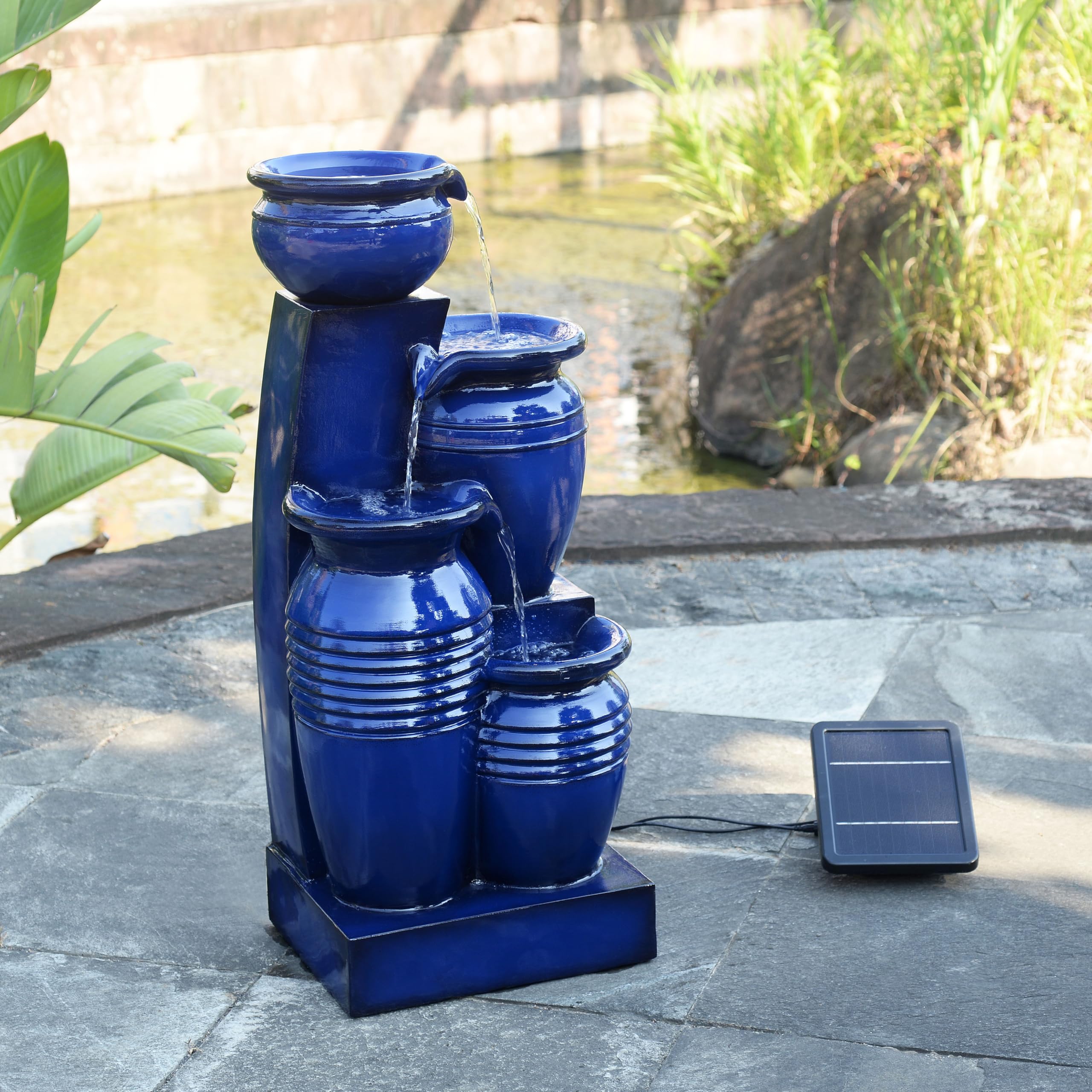 Fontaine d'eau extérieure à 4 étages de 28,74 pouces avec lumières LED, marine, Teamson Home | Lampes solaires LED pour jardin, aménagement paysager, terrasse, balcon, pelouse