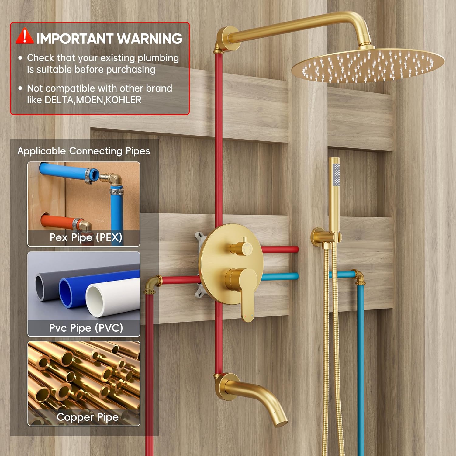 Brushed Gold Shower System with Tub Spout, All Metal Tub Shower Faucet Set with 10“ Rain Shower Head and Handheld Spray combo, Wall Mounted Tub Shower System with valve and Trim kit