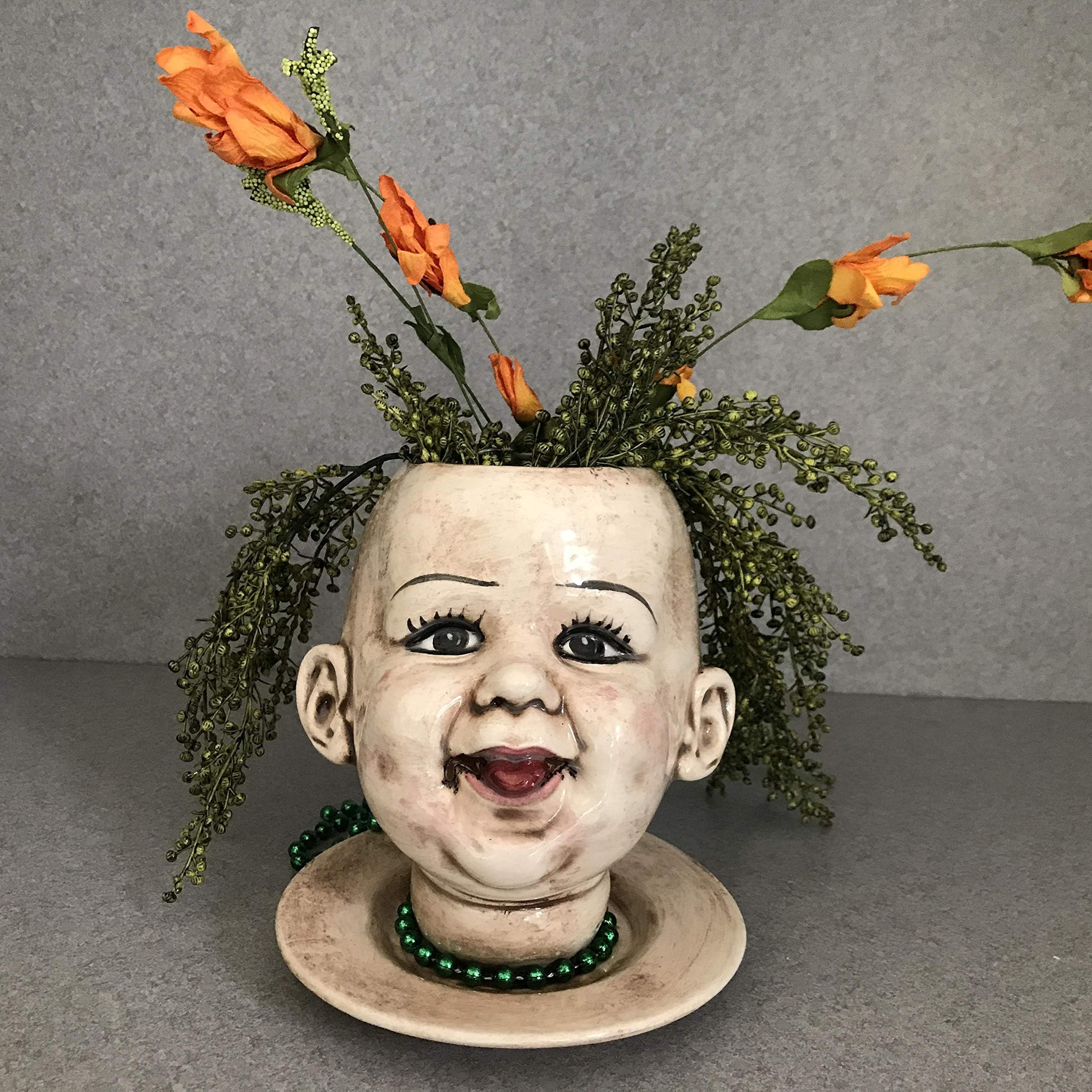 House planter, Baby doll head with tongue, Flower pot, Indoor planter, Ceramic pot, Face planter, Office planter Raspberry Baby #09